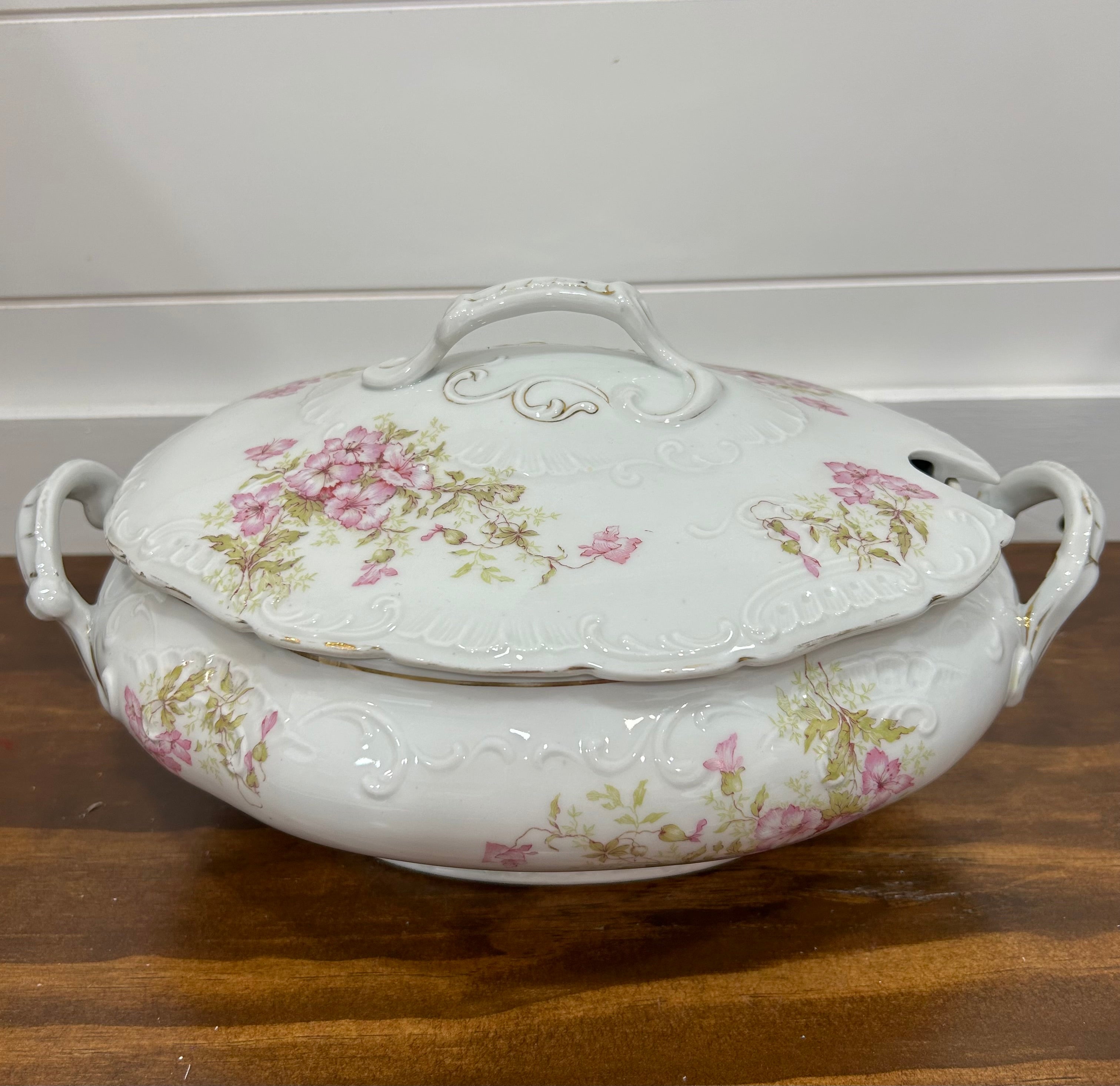 Antique Floral Porcelain Soup Tureen, Marx and Gutherz Carlsbad, shops Austria, 1800s.