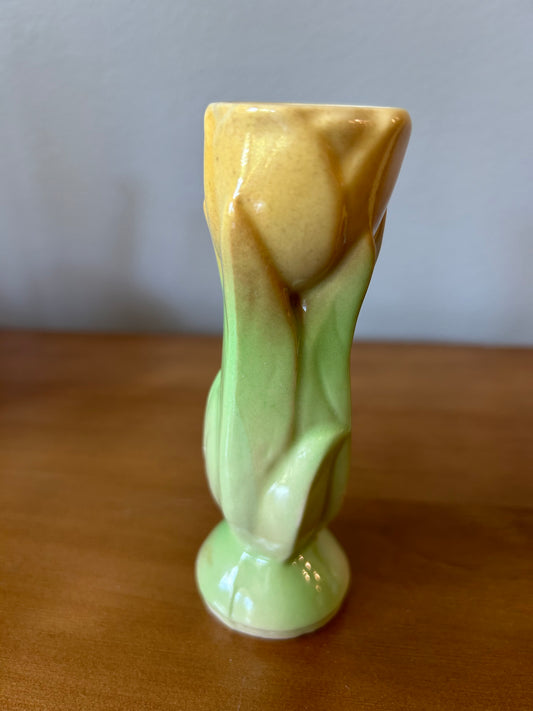 Vintage Shawnee Pottery Tulip Vase Yellow and Green 4 3/4 Inches High