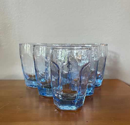 6 Vintage Libbey CHIVALRY Blue 6 oz Beverage Glasses Textured Panel