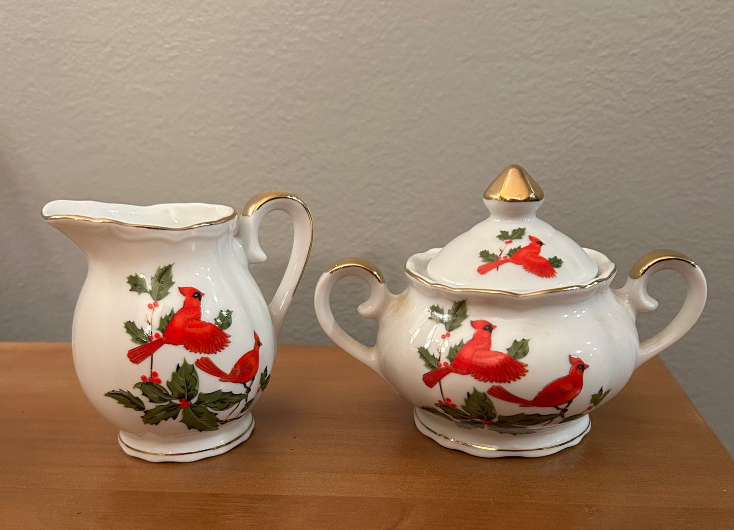 VTG Lefton Red Cardinal Holly Sugar Creamer Christmas Set Japan Bone China