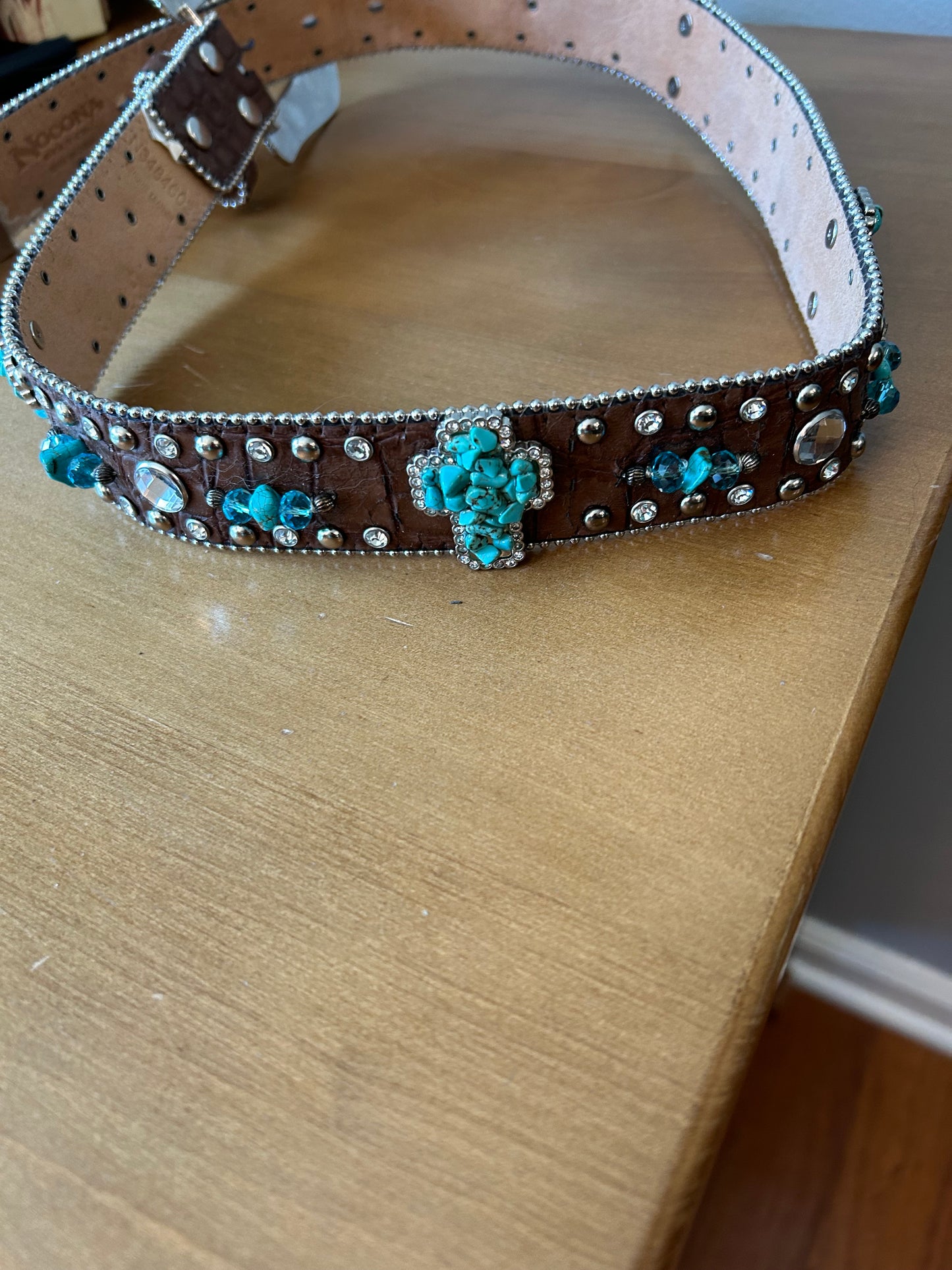 Nocona Western Brown Leather Croc Print Belt Rhinestones & Turquoise Women 34-35