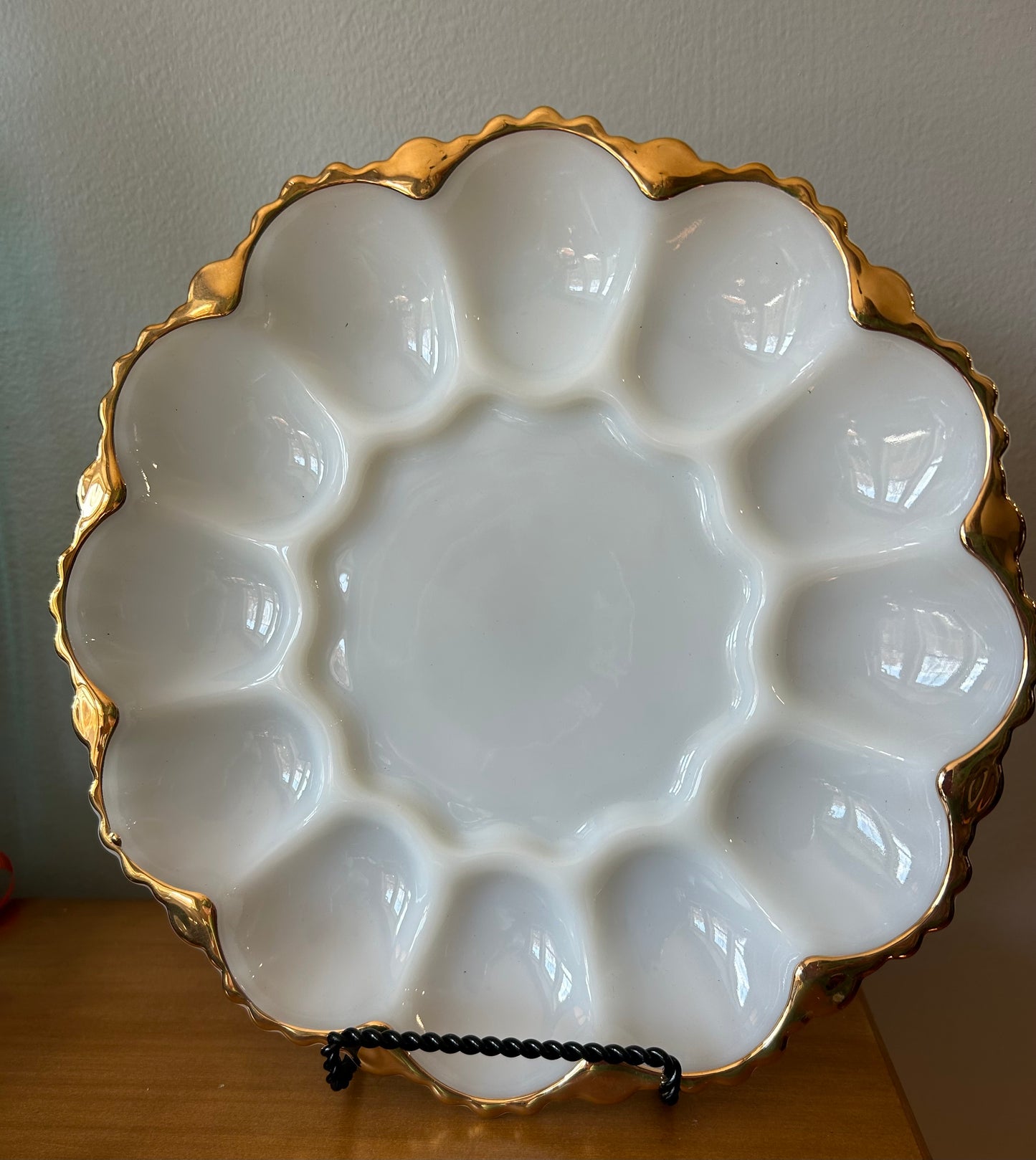 Vintage White Milk Glass Egg Plate Gold Trim Mid Century