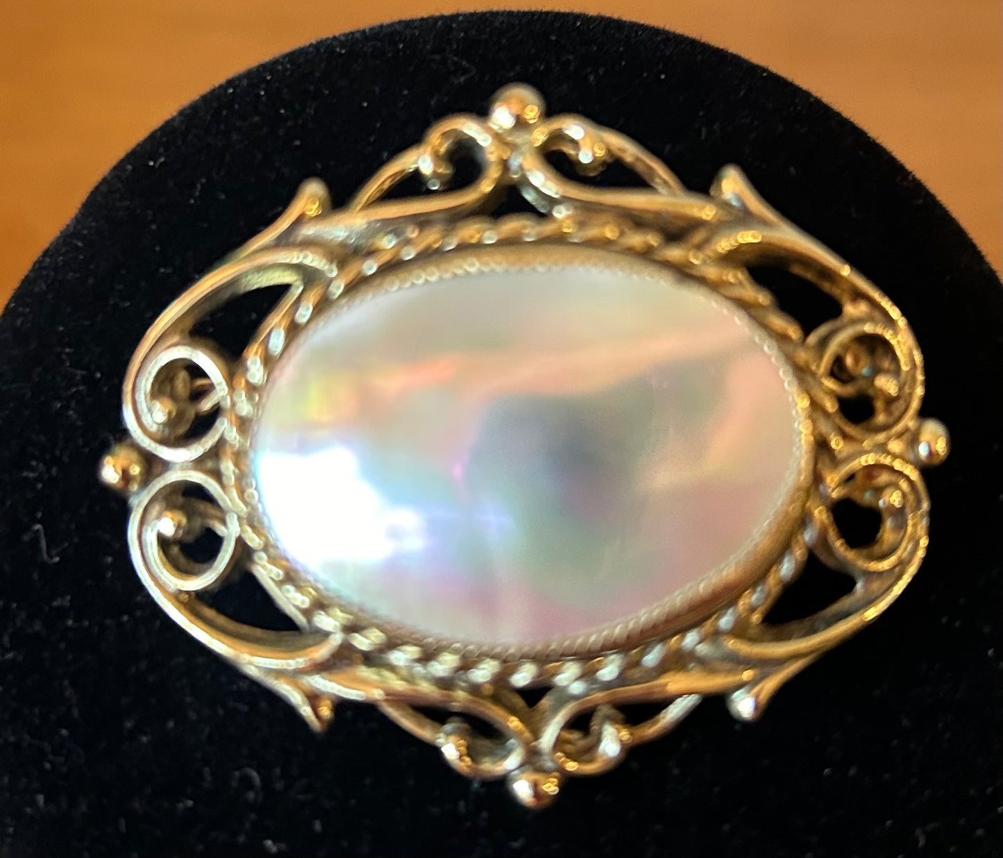 Gold Tone  Filigree  Mother Of Pearl Brooch /pin