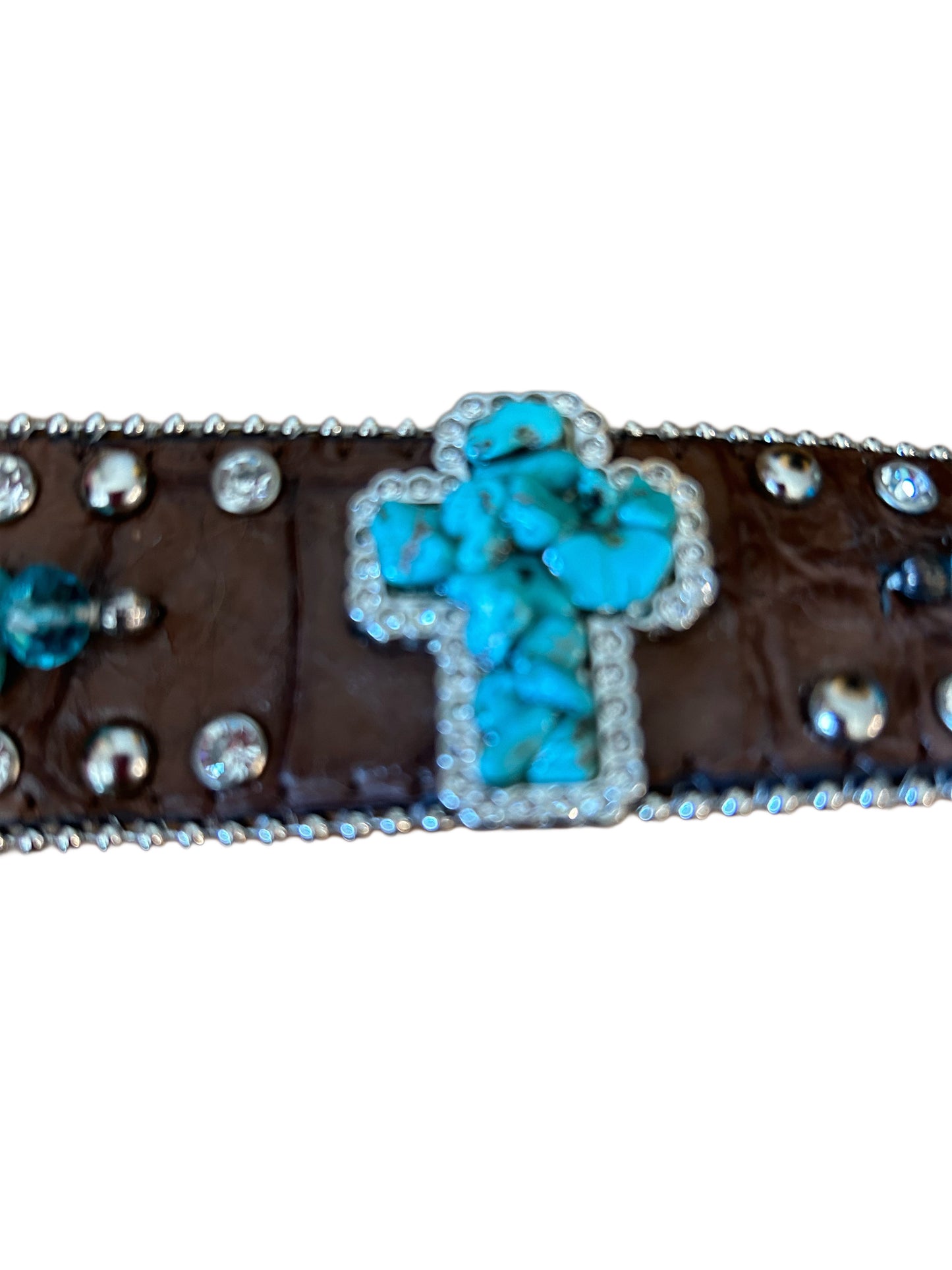 Nocona Western Brown Leather Croc Print Belt Rhinestones & Turquoise Women 34-35