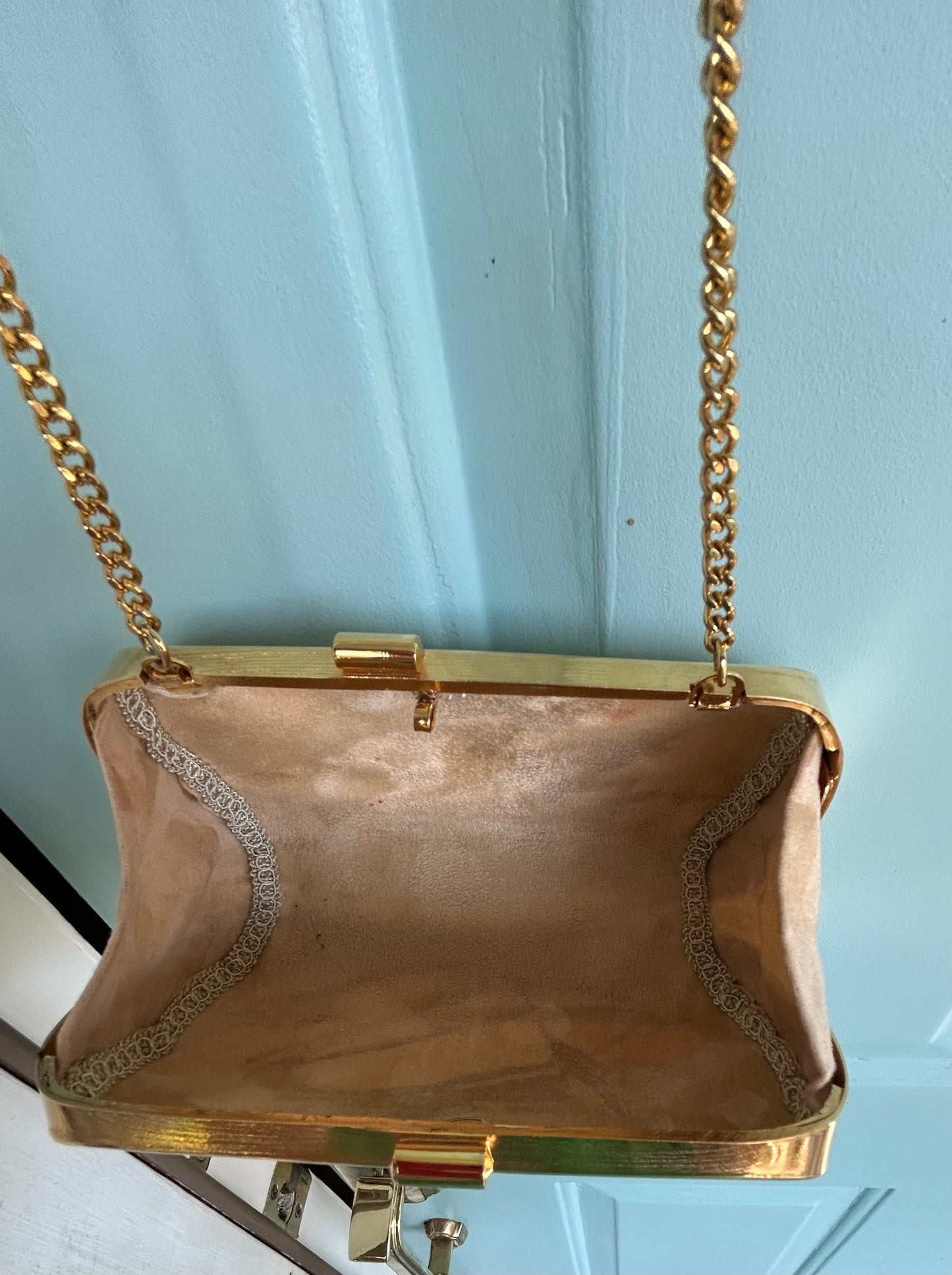 Vintage Gold Metal Hard Evening Purse w/chain Handle