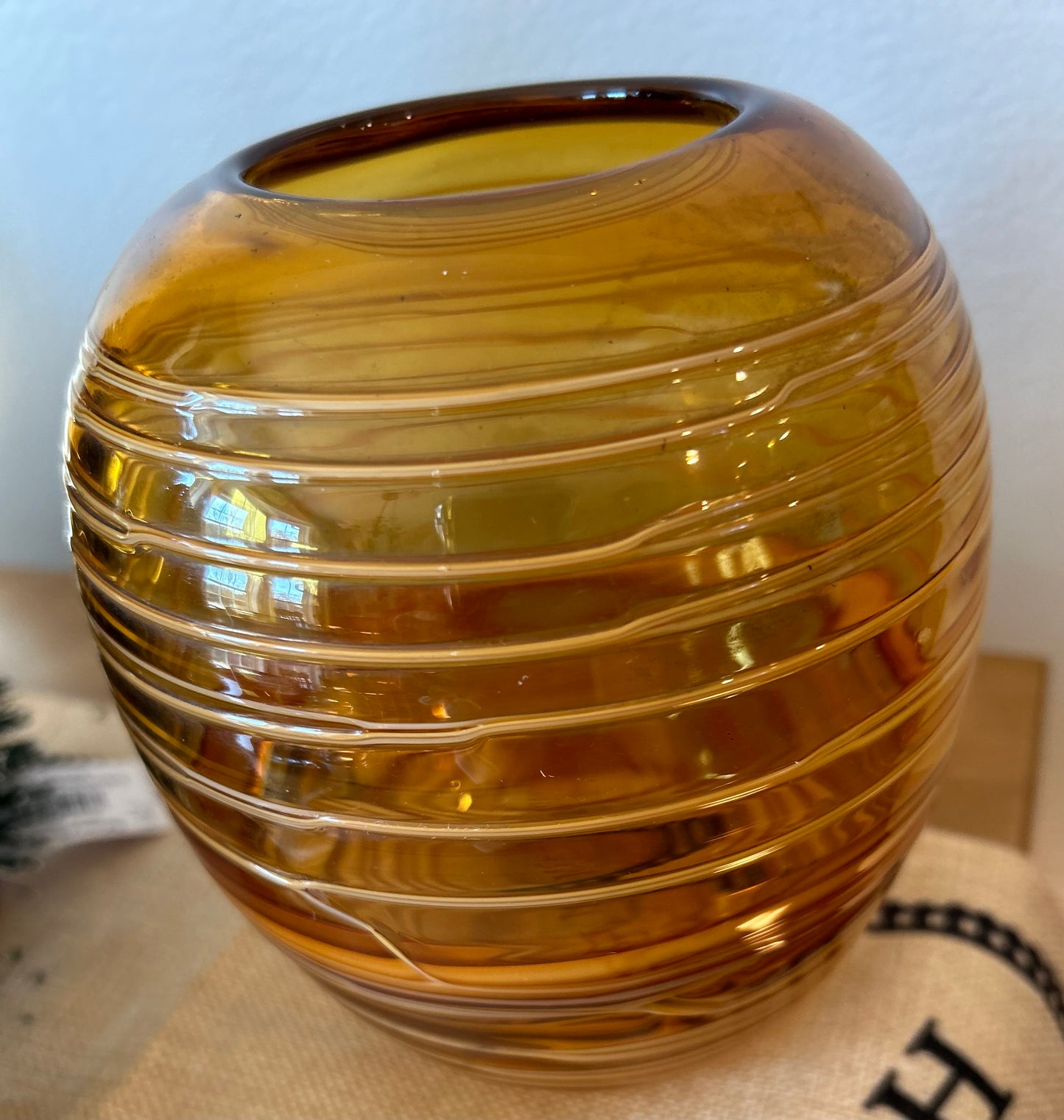 Vintage Milano Style Threaded Amber Glass Vase