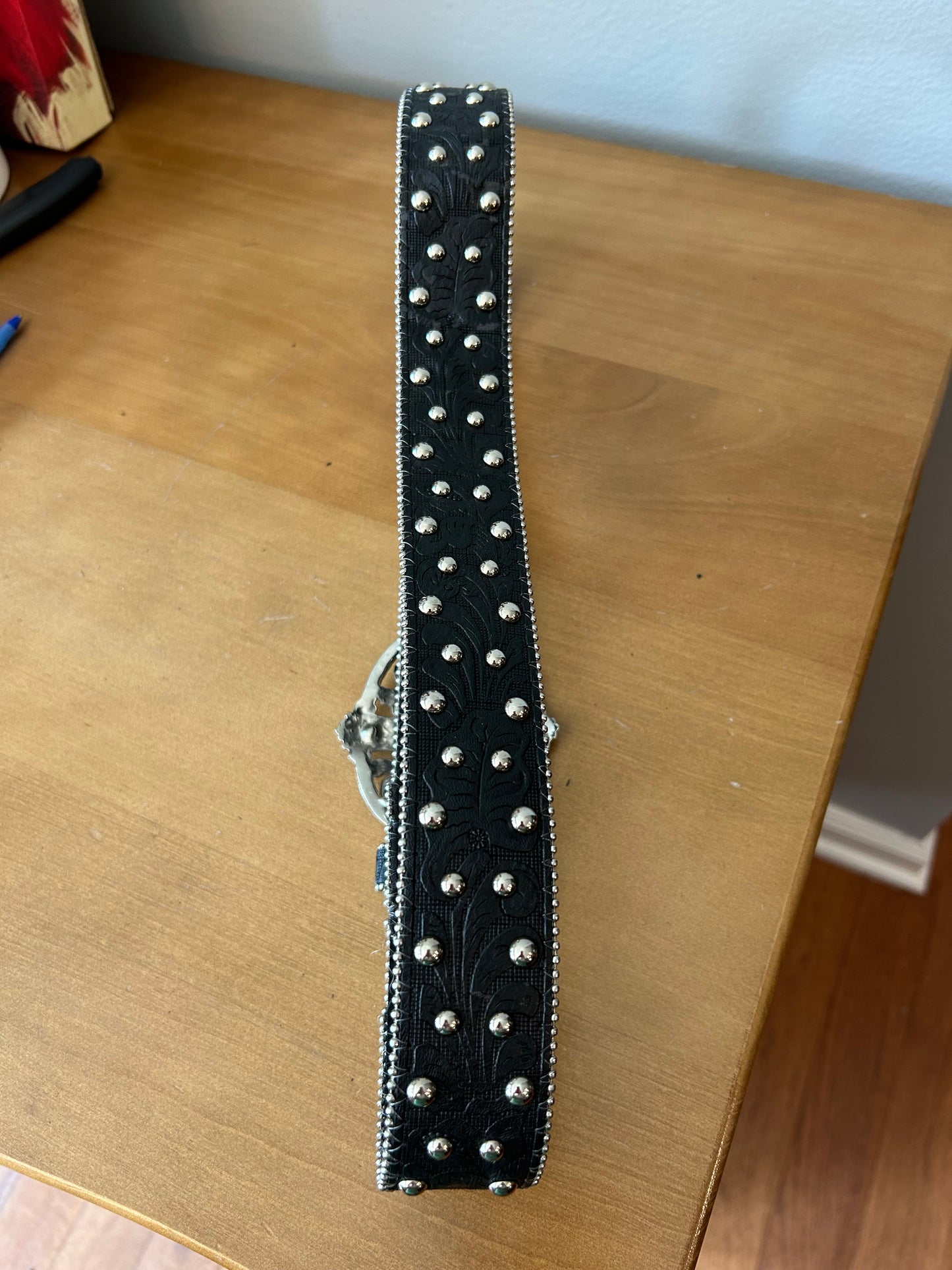 Leather Western Style Belt Studs W/ Cross And Rhinestone Buckle