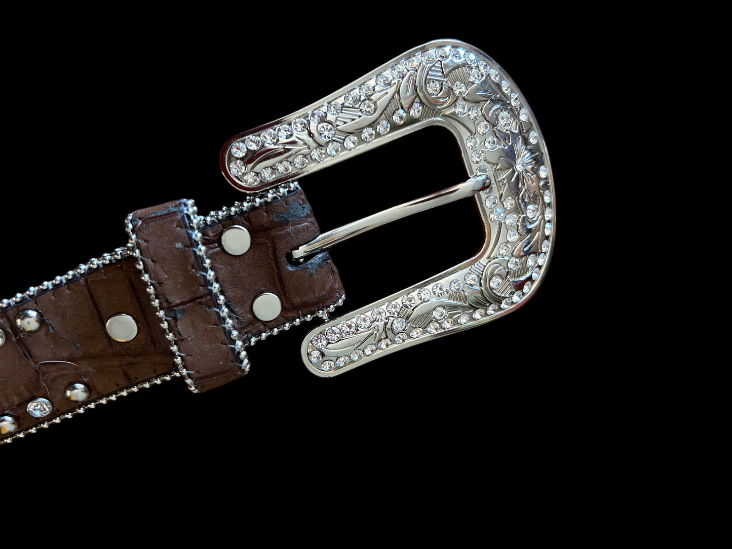 Nocona Western Brown Leather Croc Print Belt Rhinestones & Turquoise Women 34-35