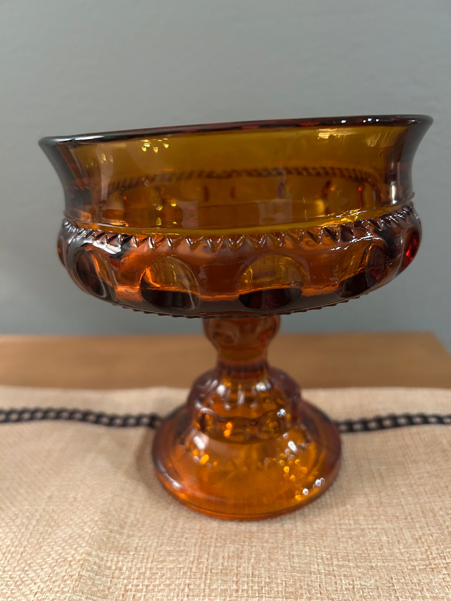 VTG Indiana Amber Glass Thumbprint Kings Crown Compote Candy Dish Bowl