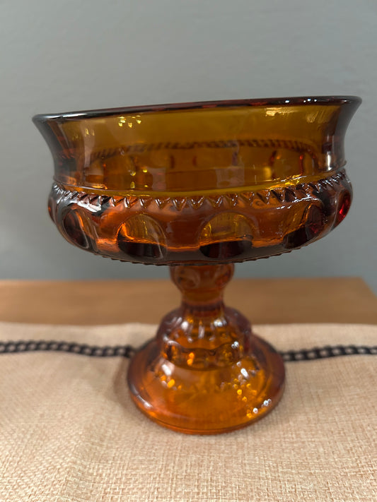 VTG Indiana Amber Glass Thumbprint Kings Crown Compote Candy Dish Bowl