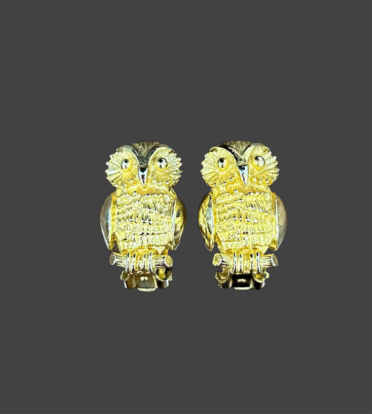 Vintage 1970’s Gold Tone Mimi Di N Clip On Earrings Owl On A Branch