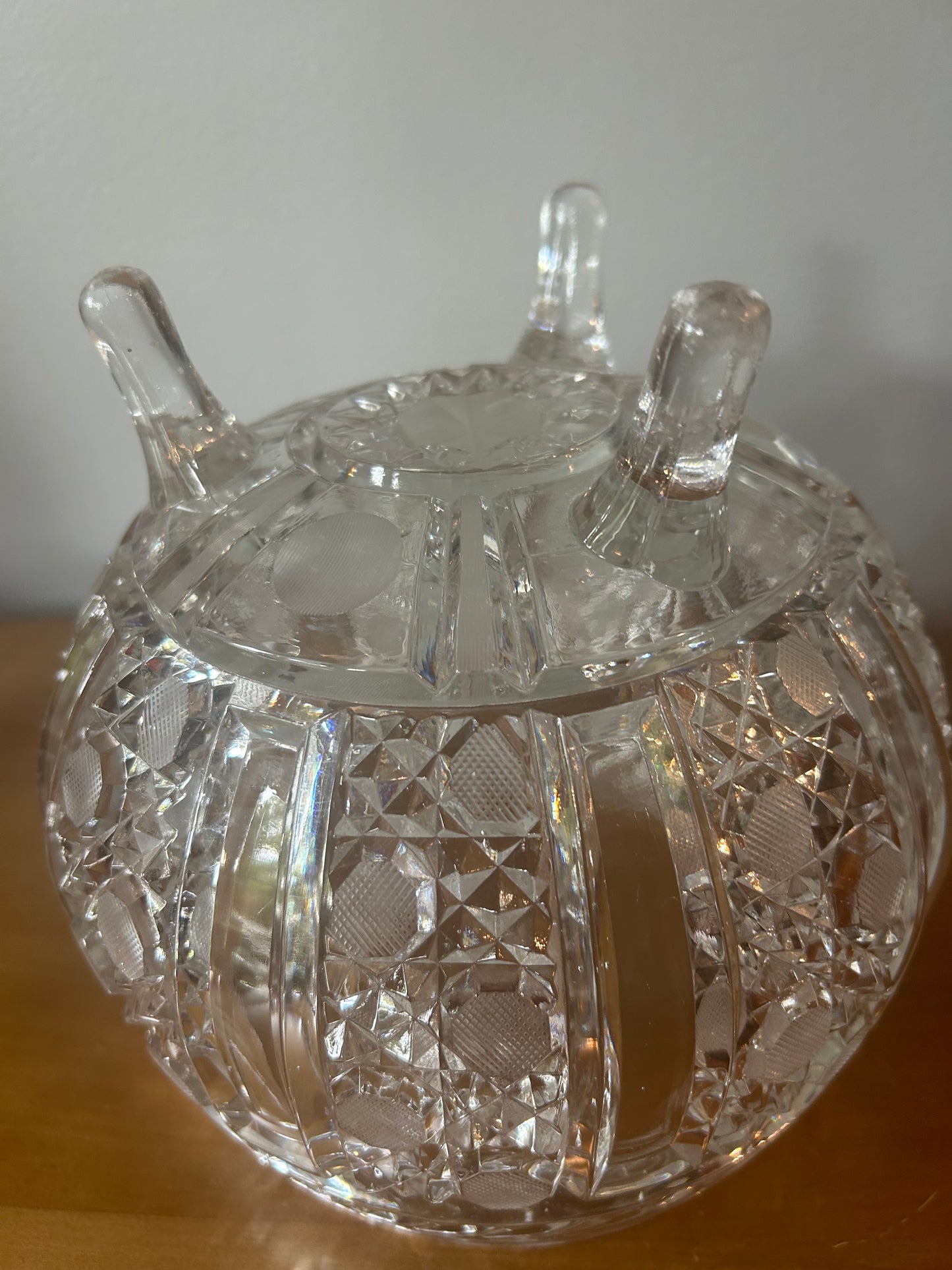 American Brilliant 3 Footed Crystal Clear Bowl Etched Flowers and Dots Vintage