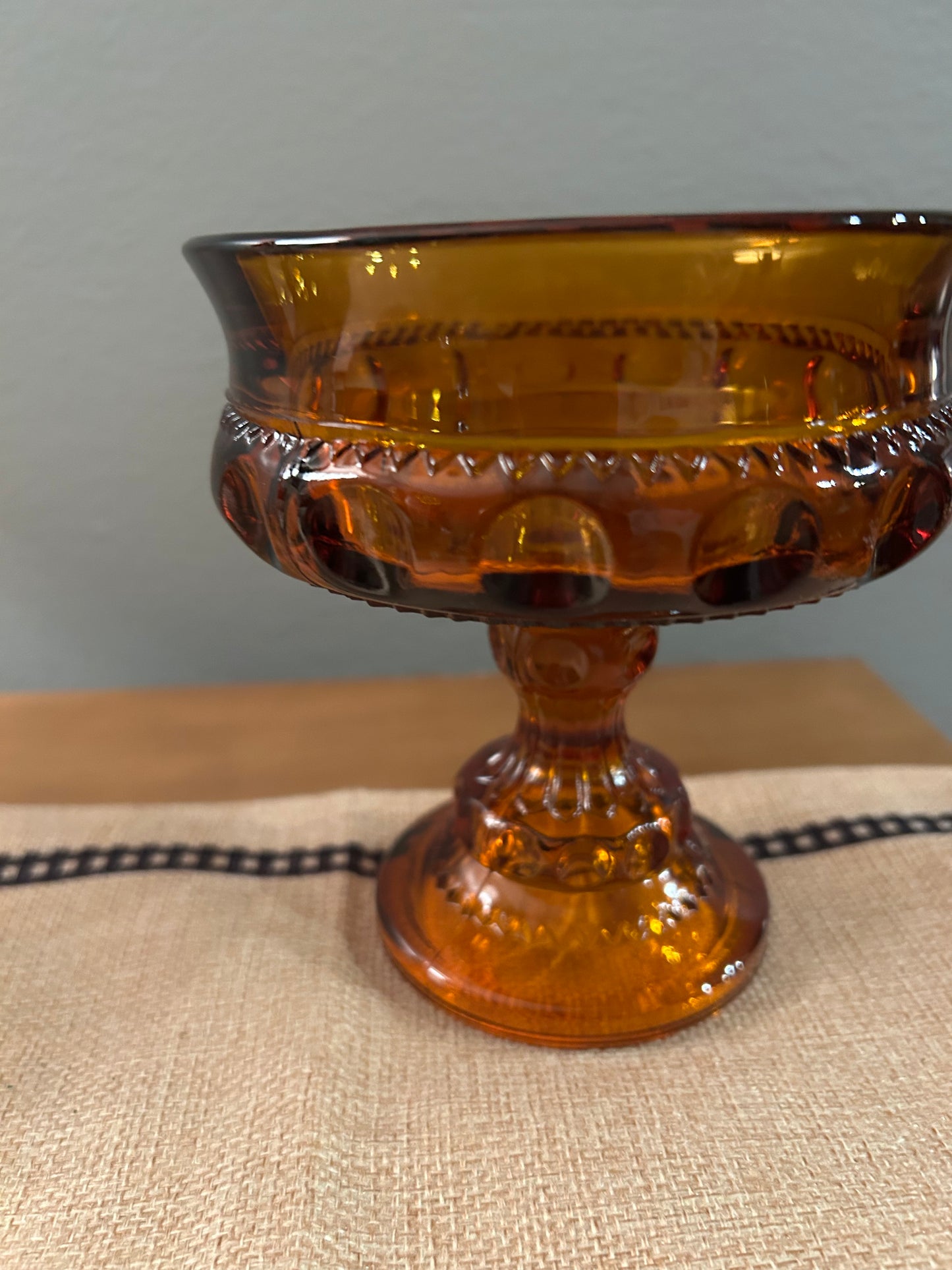 VTG Indiana Amber Glass Thumbprint Kings Crown Compote Candy Dish Bowl