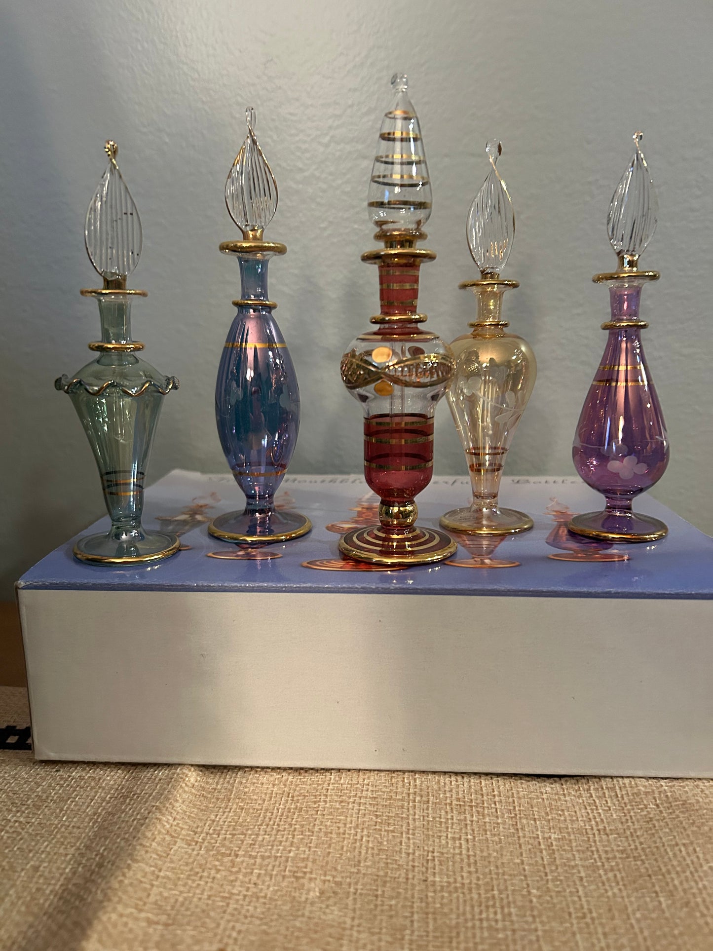 Vintage Set of Five Egyptian Perfume Bottles 24K Gold Plated Mouth Blown New