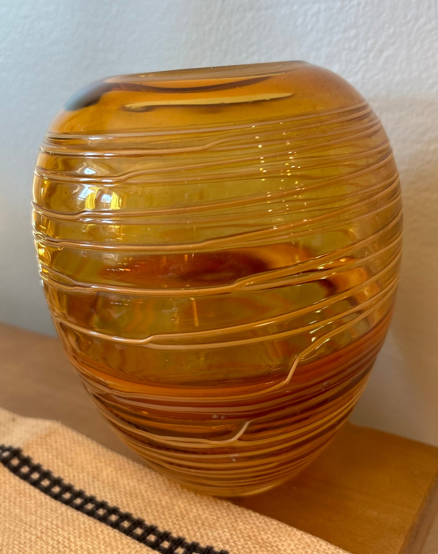 Vintage Milano Style Threaded Amber Glass Vase