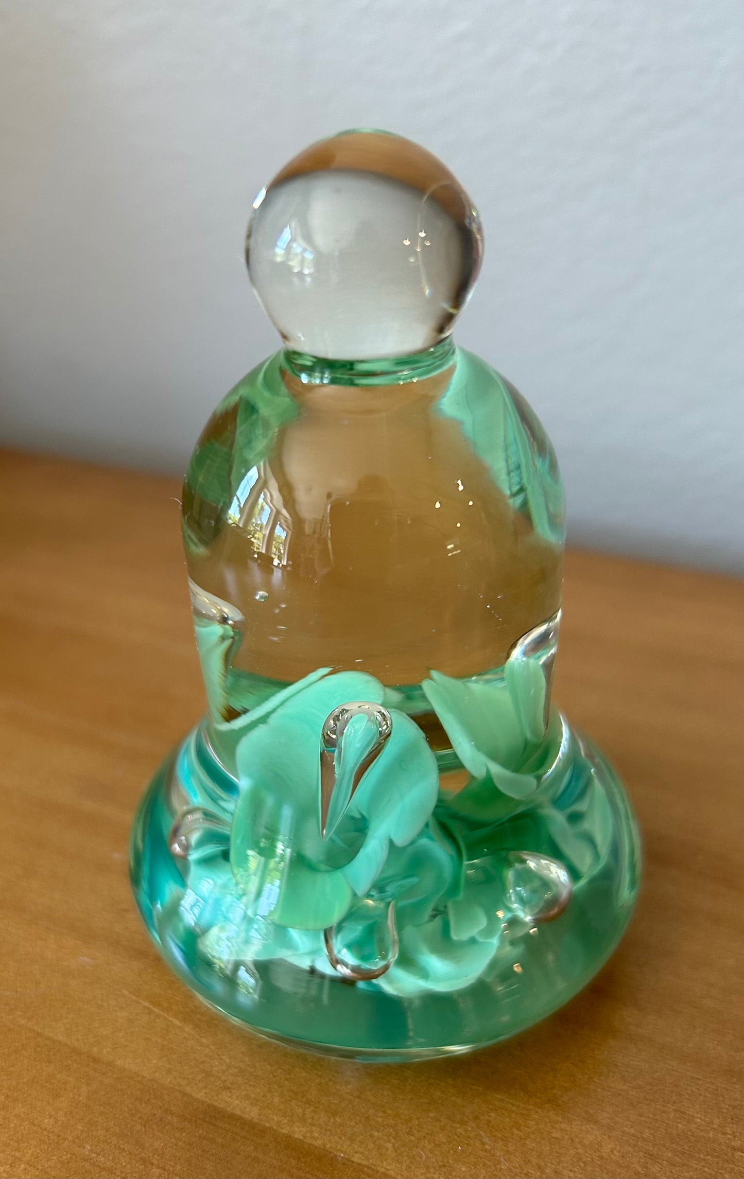 Vintage Joe St Clair 4" GREENArt Glass Bell Paperweight Flowers Bubbles Excell