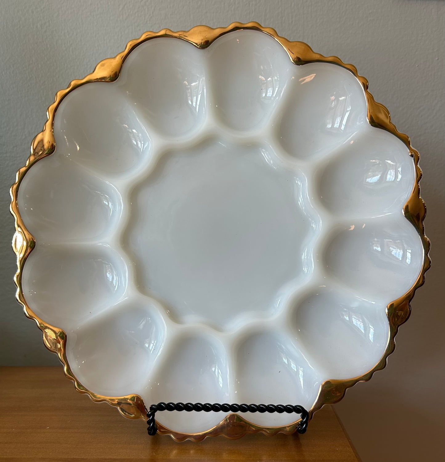 Vintage White Milk Glass Egg Plate Gold Trim Mid Century