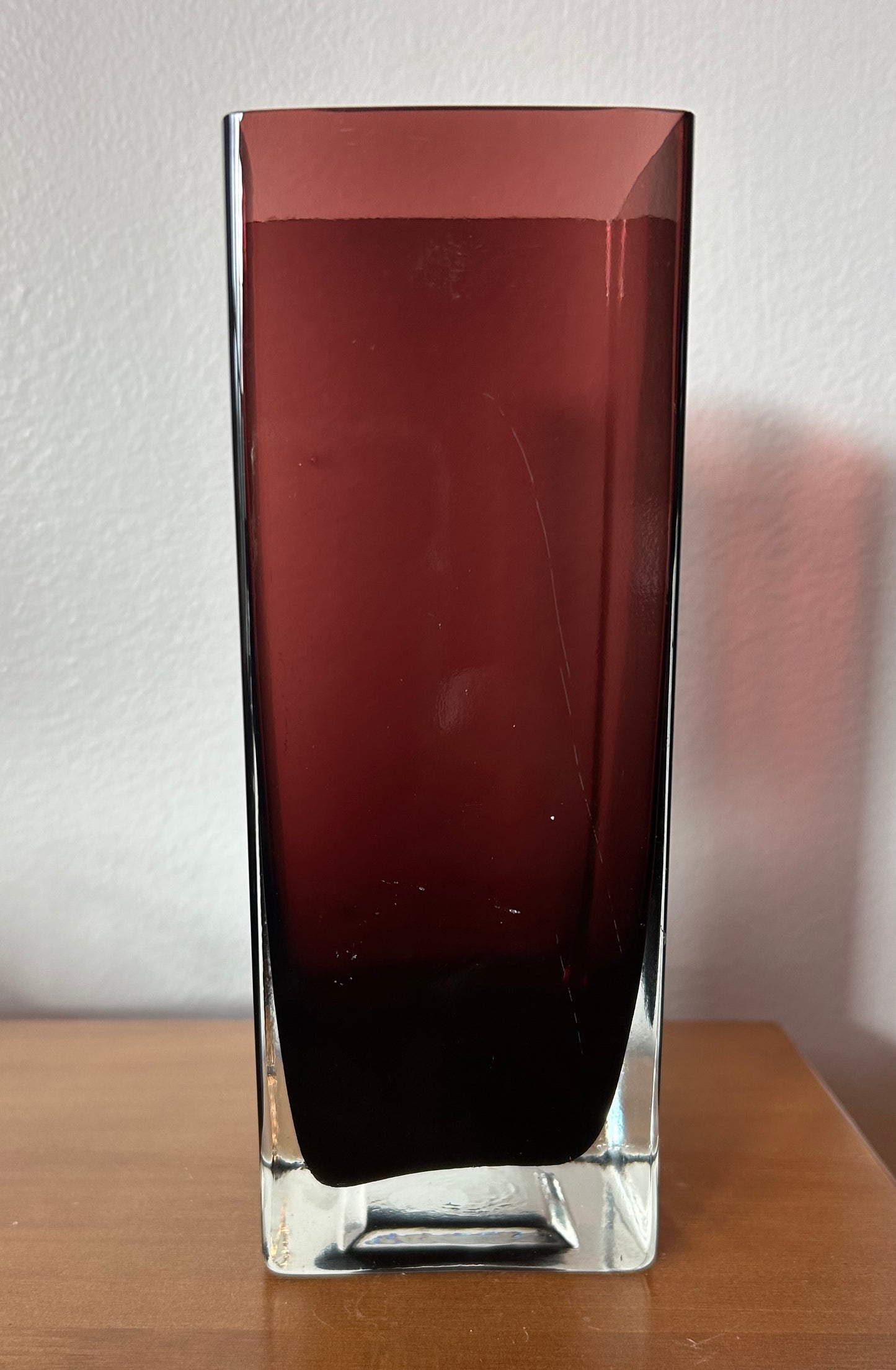 Cut Glass Vase Vintage Mid Century Square Clear Dark Purple 7.75 Inches Tall