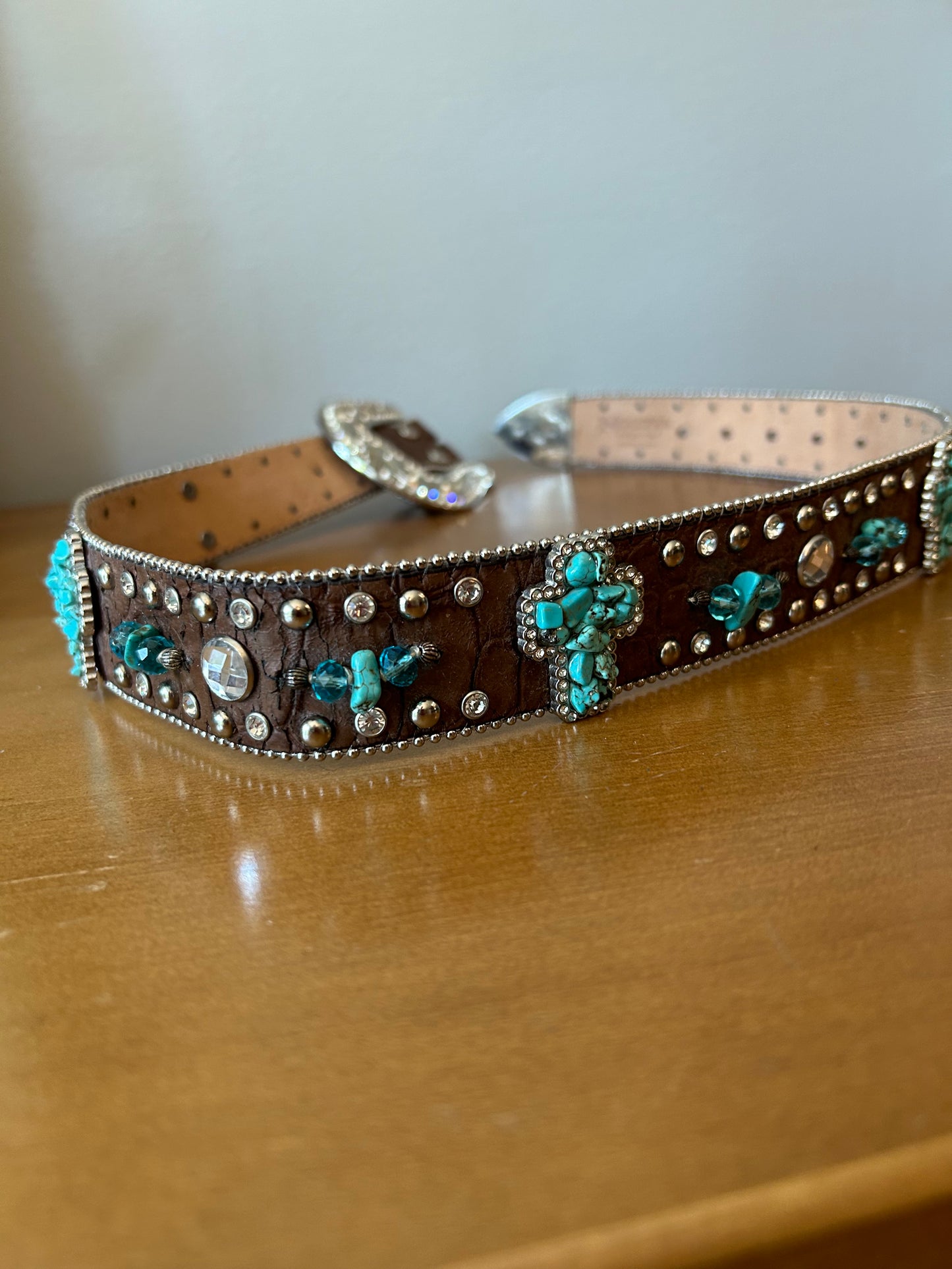 Nocona Western Brown Leather Croc Print Belt Rhinestones & Turquoise Women 34-35