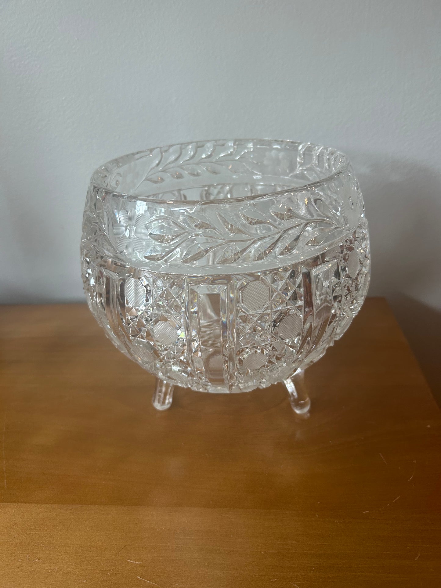 American Brilliant 3 Footed Crystal Clear Bowl Etched Flowers and Dots Vintage