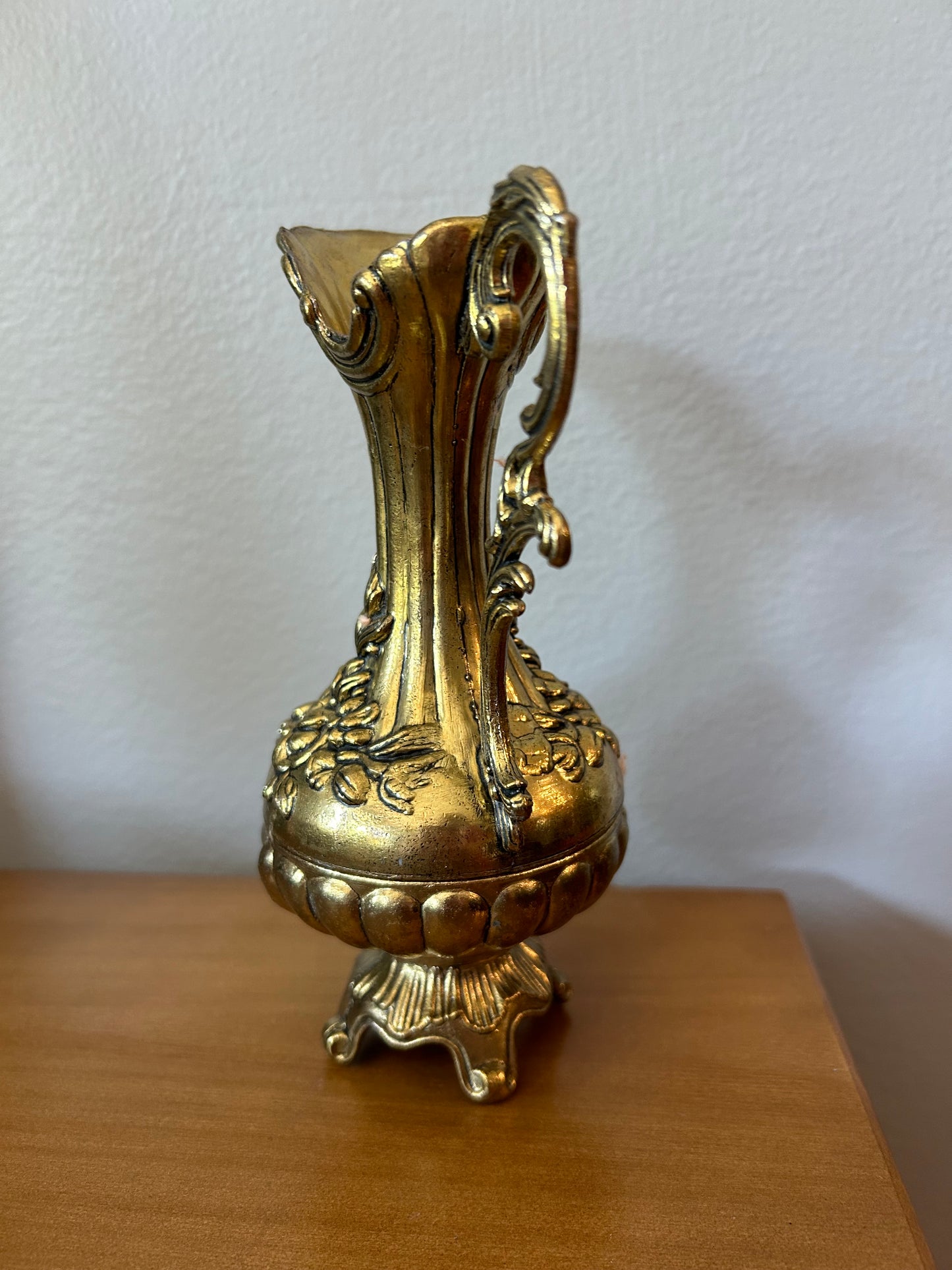 Italian Ornate Brass Pitcher 7”Tall Embossed Floral Design Footed Made In Italy