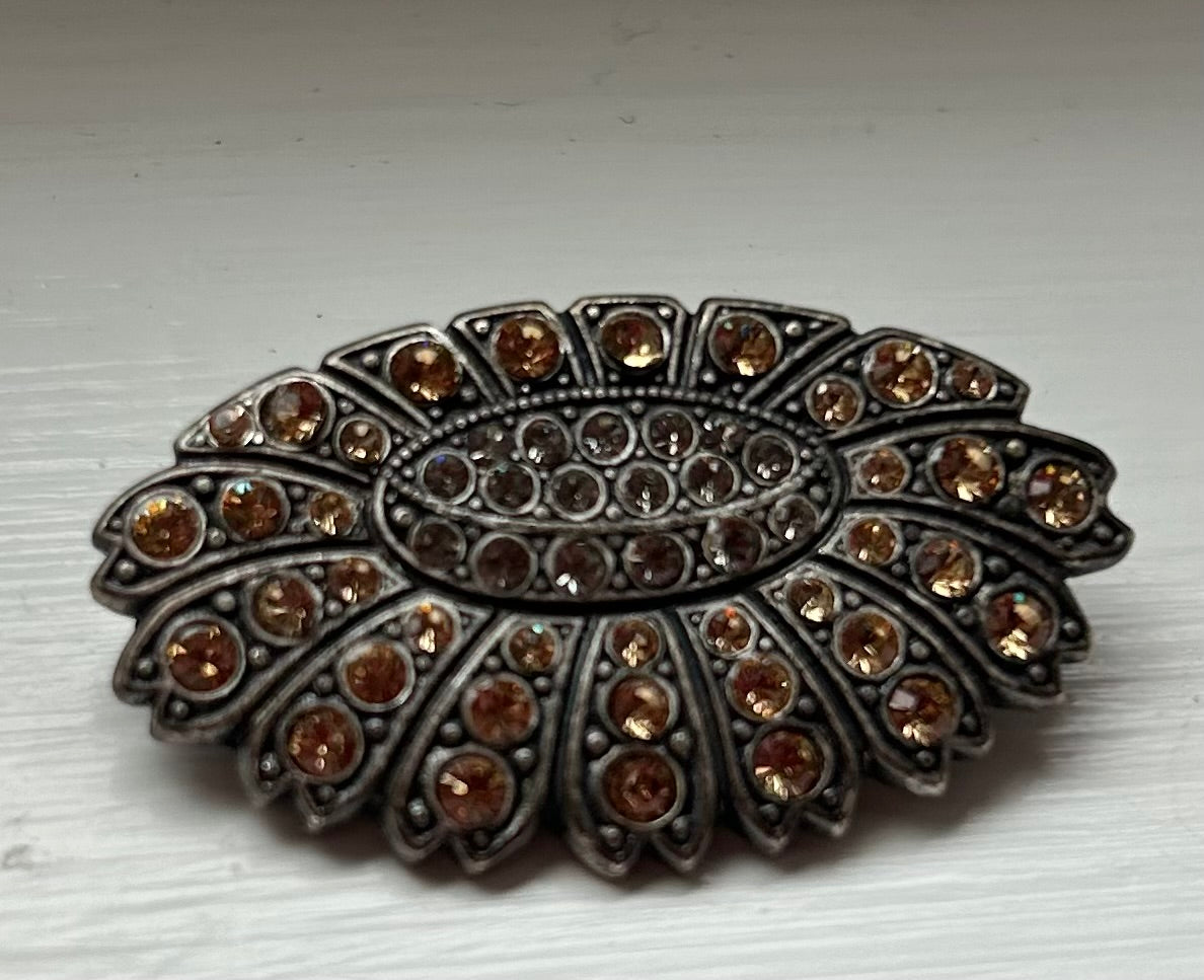 Vintage Sunflower Brooch Brown Crystals.