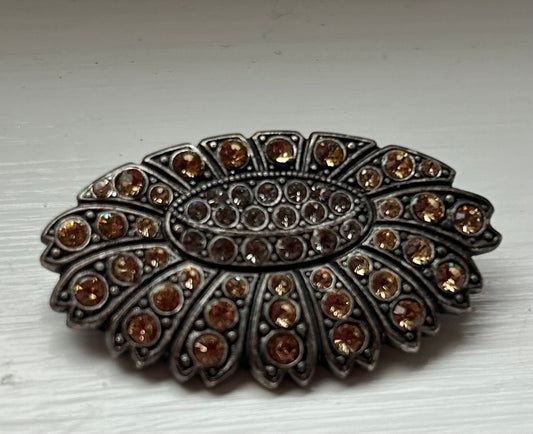 Vintage Sunflower Brooch Brown Crystals.