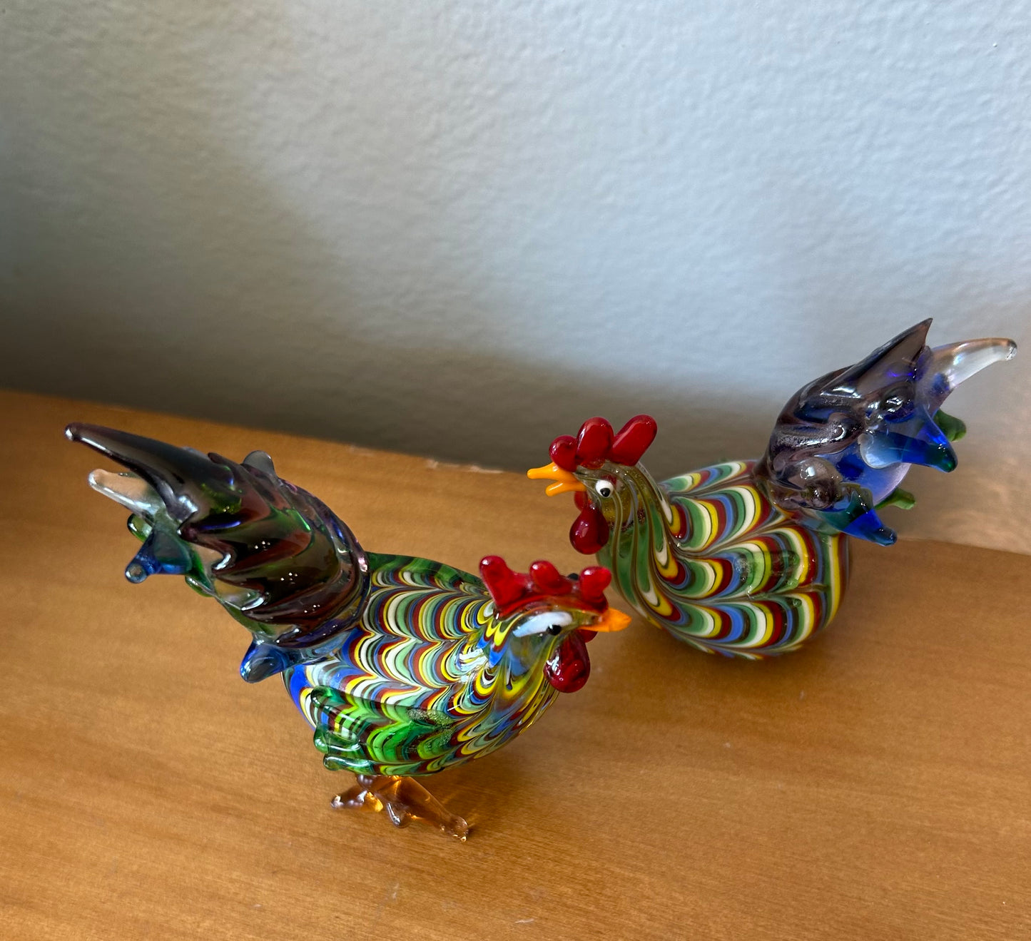 2 Fitz And Floyd Glass Menagerie Rooster Chicken Hand Blown Glass Art