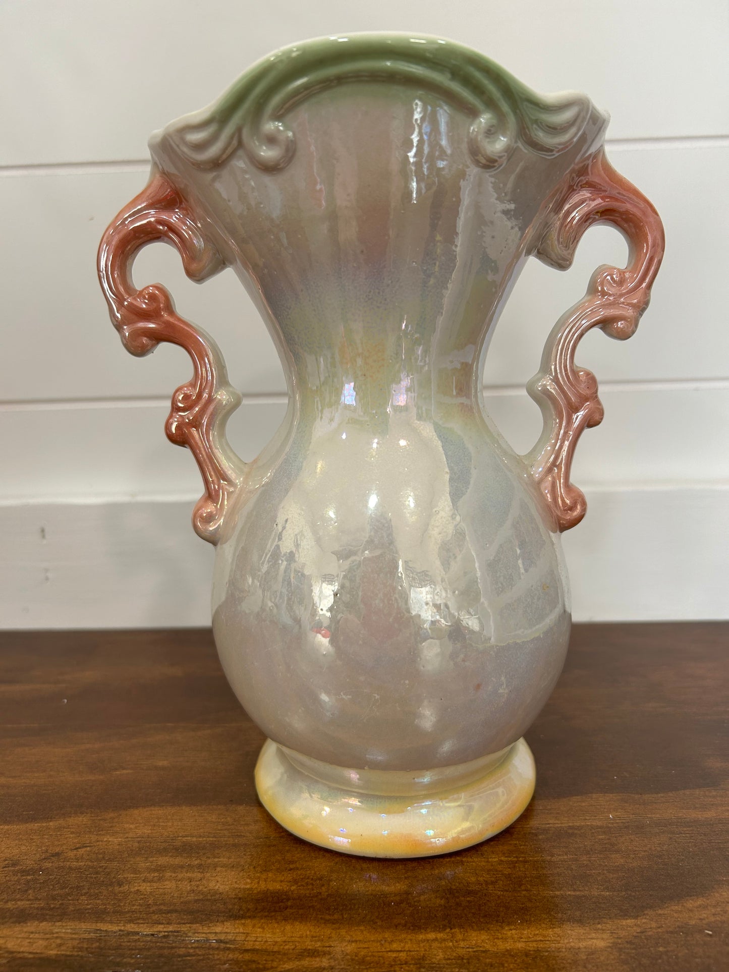 Floral Pearlized Opalescent Lusterware 8" Vase Made in Brazil #1925