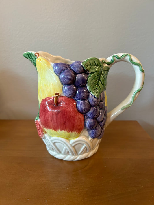 Otagiri Majolica Quart Pitcher, Hand Painted Fruit