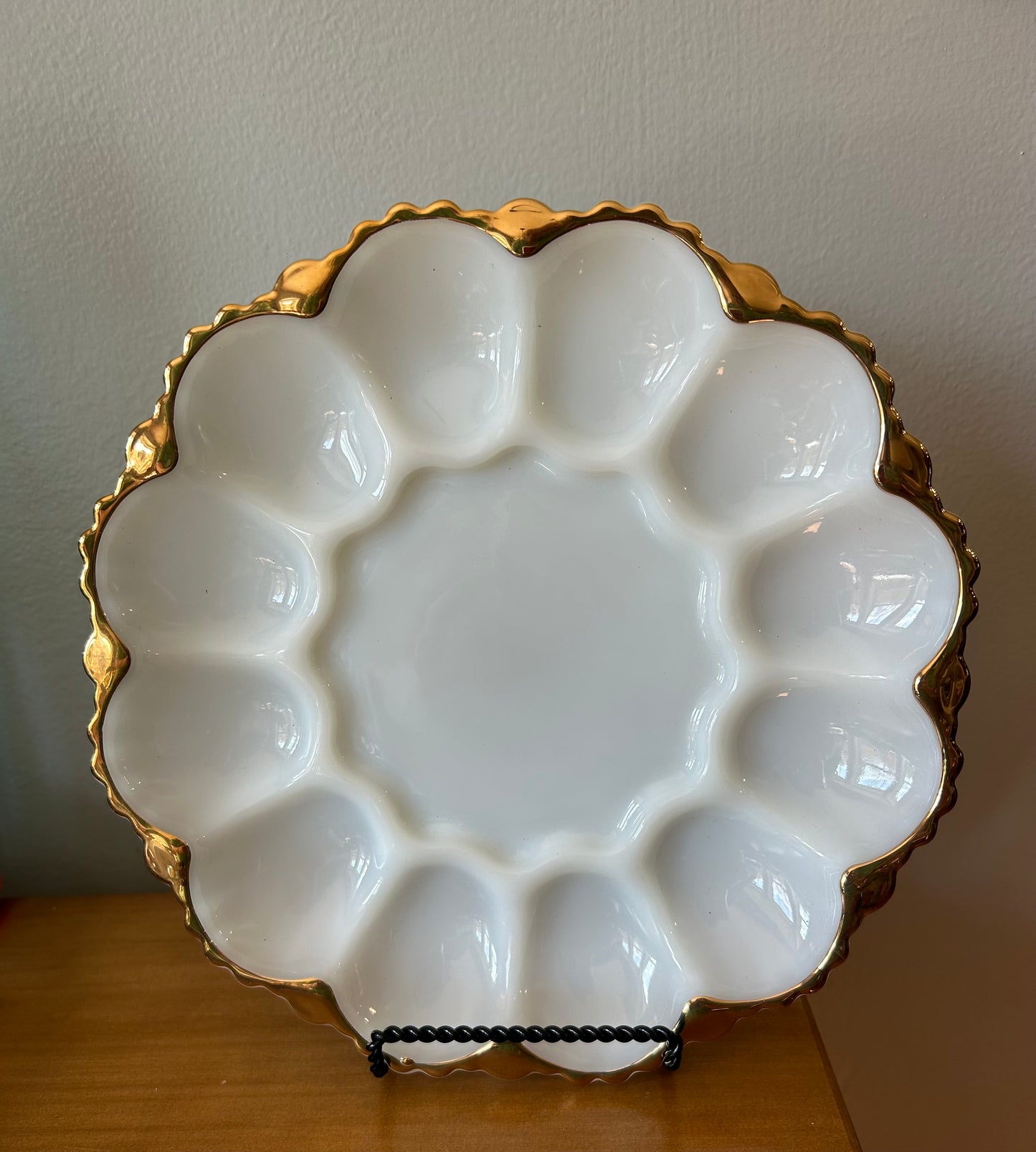 Vintage White Milk Glass Egg Plate Gold Trim Mid Century