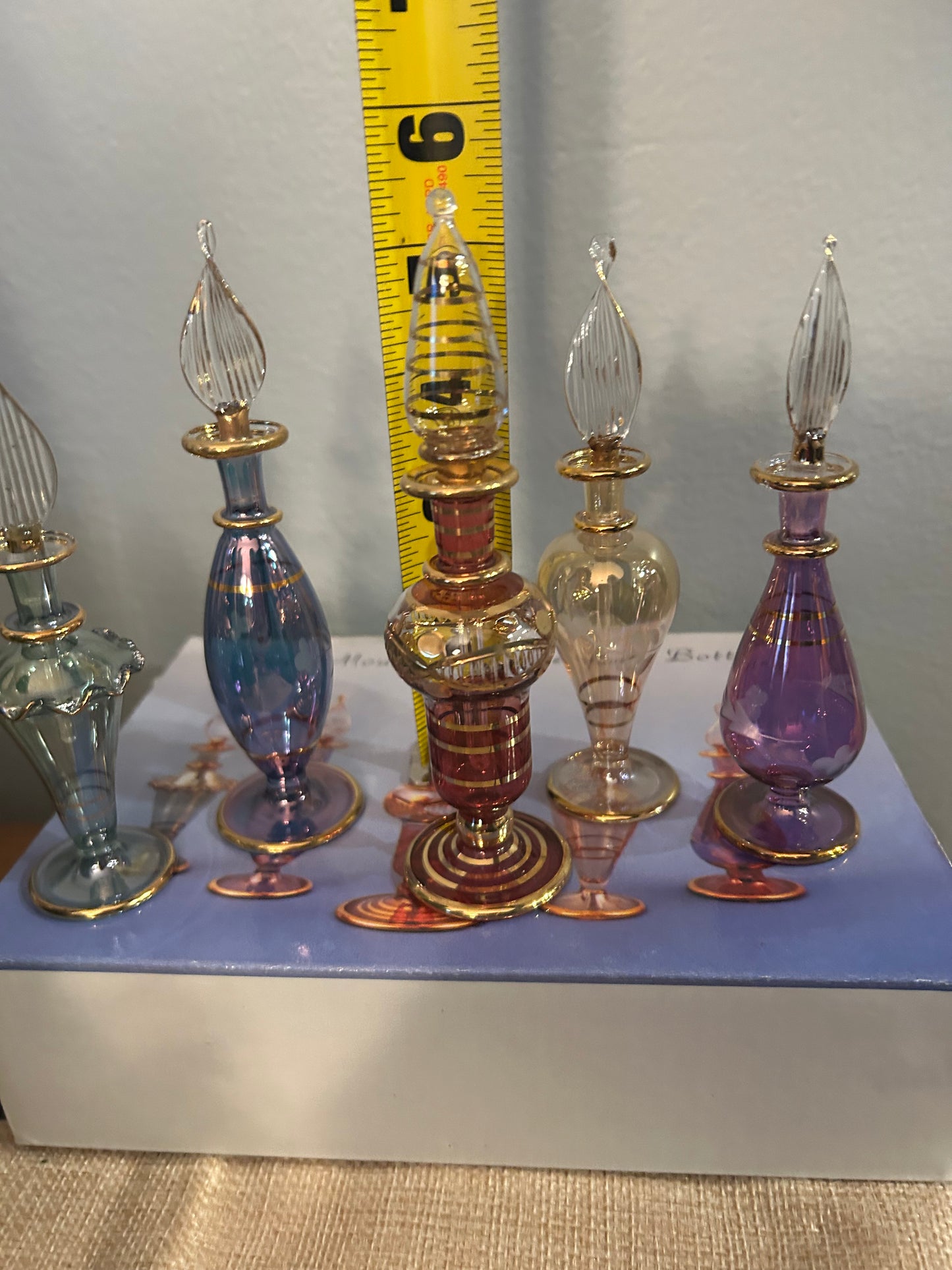 Vintage Set of Five Egyptian Perfume Bottles 24K Gold Plated Mouth Blown New