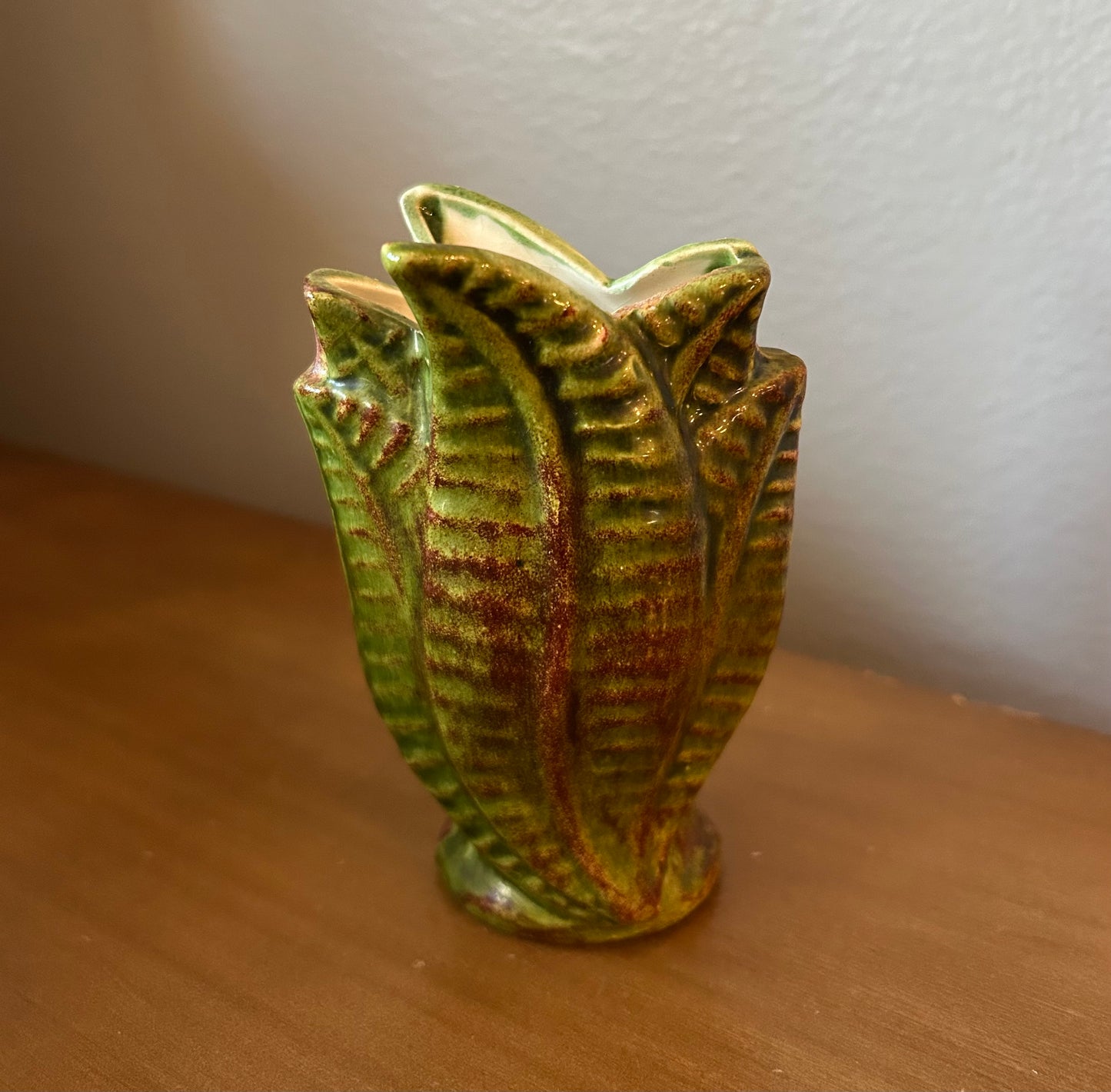 Green Colored Fall Vase 4.25” With Leaf Design Studio Pottery