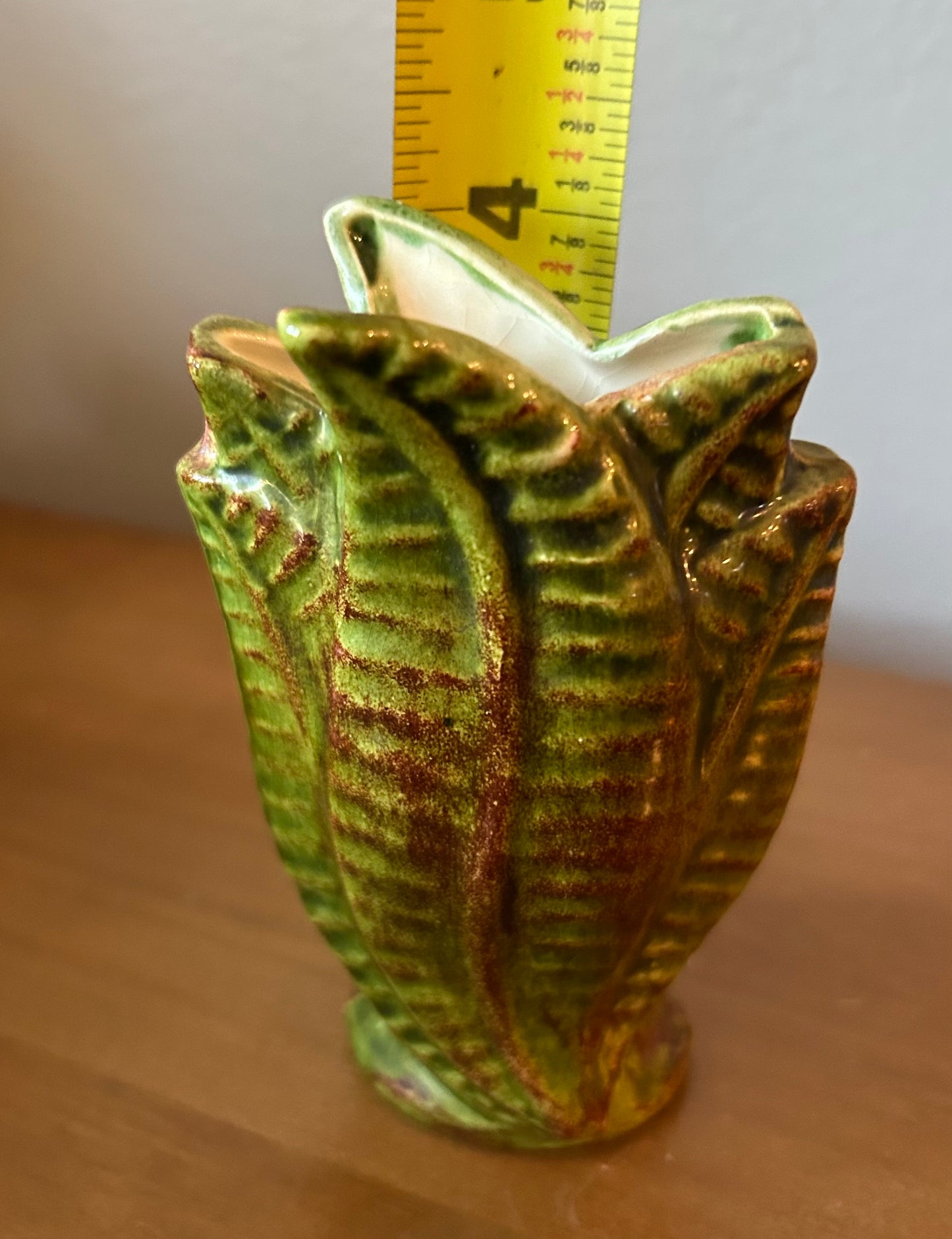 Green Colored Fall Vase 4.25” With Leaf Design Studio Pottery