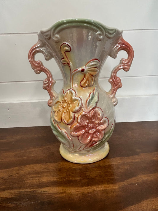 Floral Pearlized Opalescent Lusterware 8" Vase Made in Brazil #1925