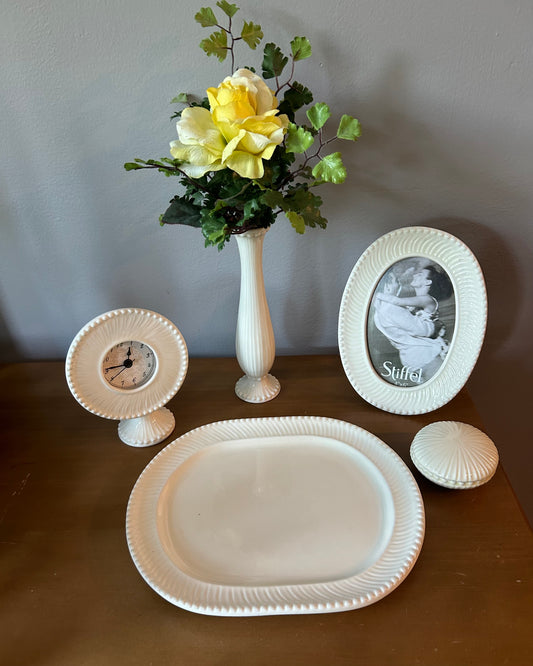 Stiffel Porcelain Vanity Set Clock, Trinket Dish, Picture Frame, Vase and Tray.