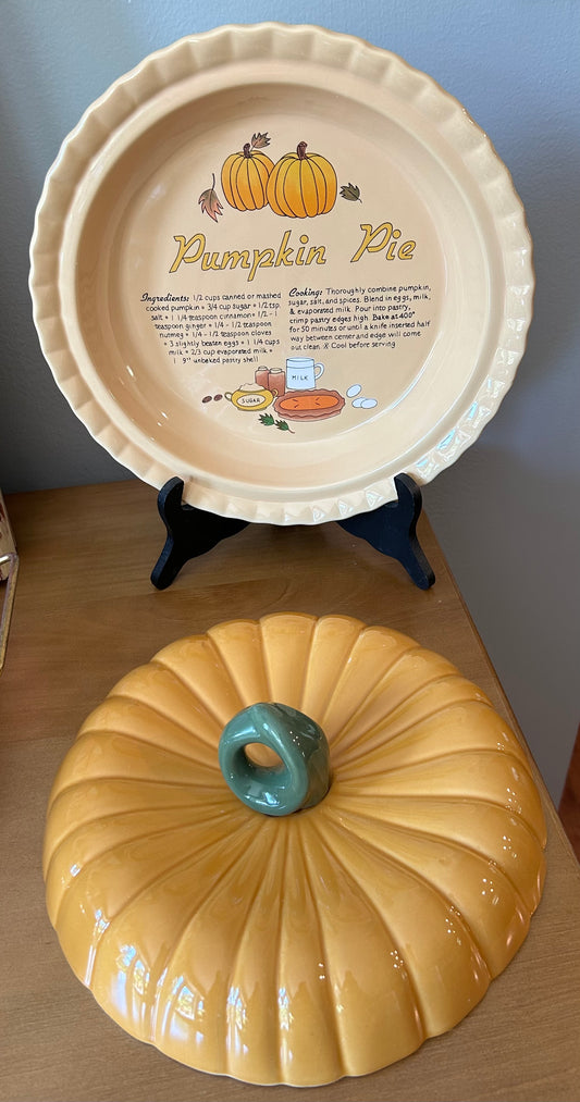 VNTG LARGE CERAMIC PUMPKIN PIE RECIPE PLATE DISH PAN 11" WITH LID