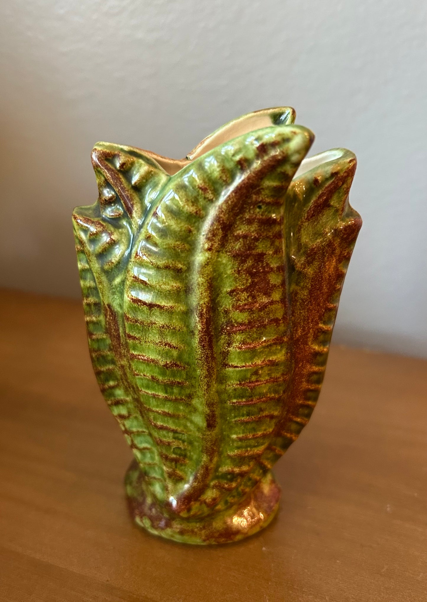 Green Colored Fall Vase 4.25” With Leaf Design Studio Pottery