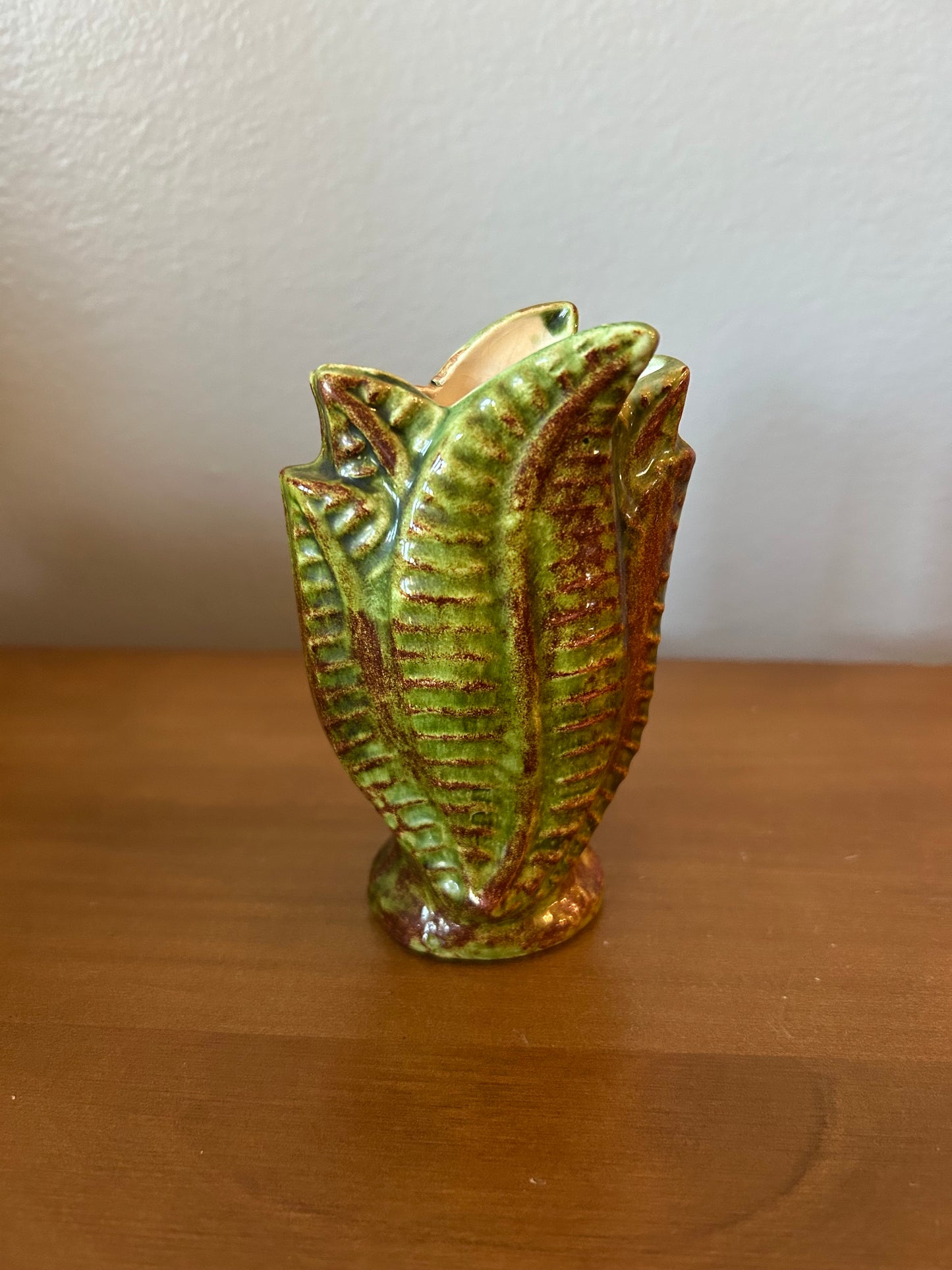 Green Colored Fall Vase 4.25” With Leaf Design Studio Pottery