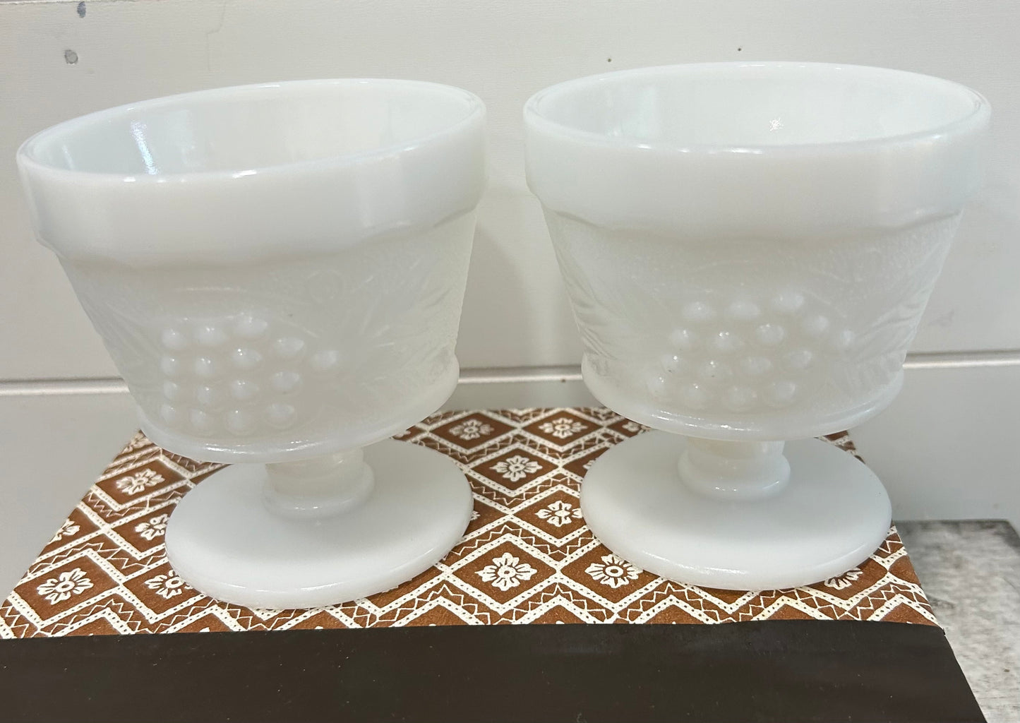 2 Vintage Anchor Hocking Milk Glass Footed Sherbet / Dessert Dish, Grape Pattern