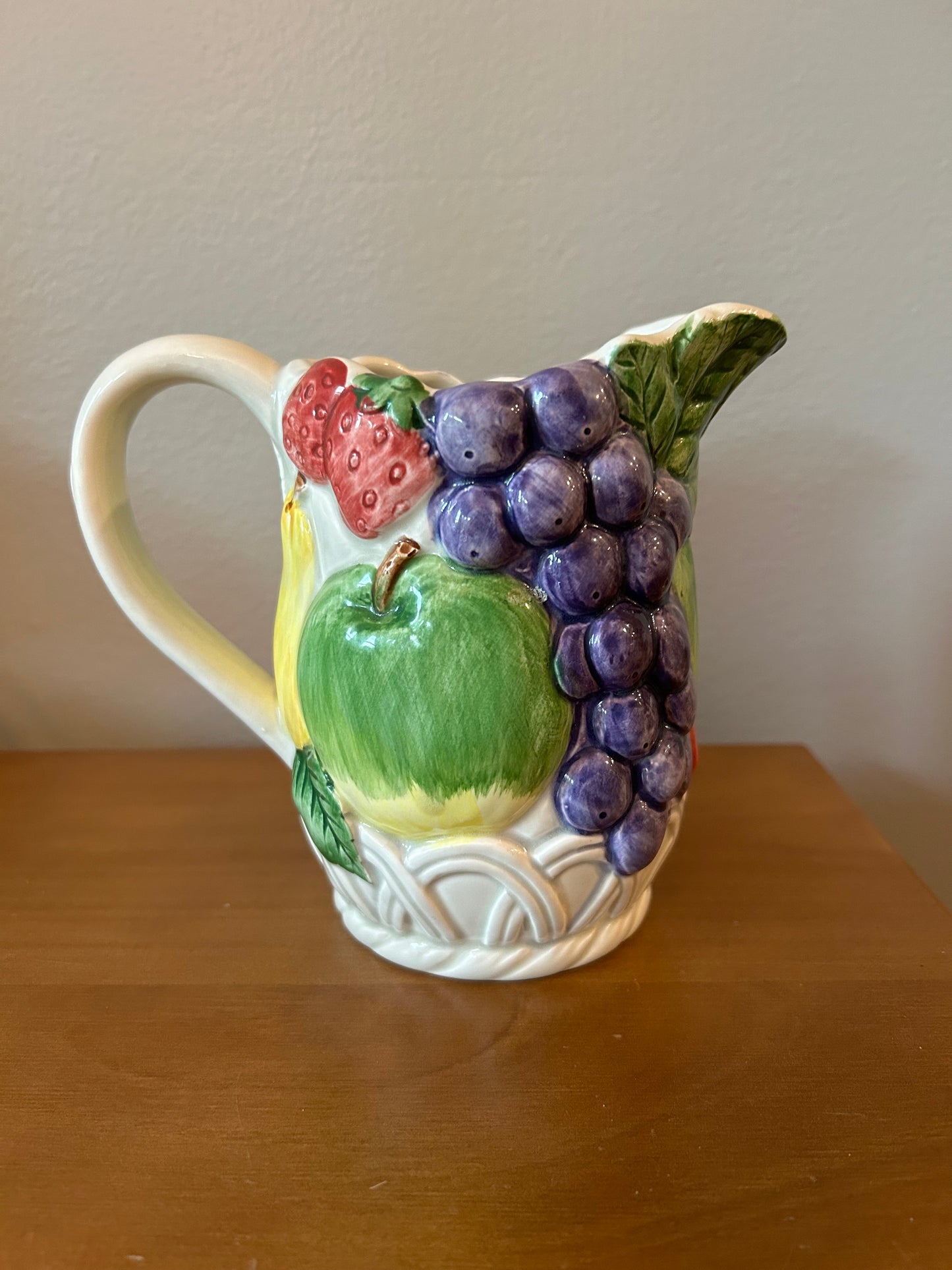 Otagiri Majolica Quart Pitcher, Hand Painted Fruit