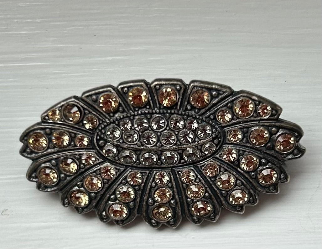 Vintage Sunflower Brooch Brown Crystals.