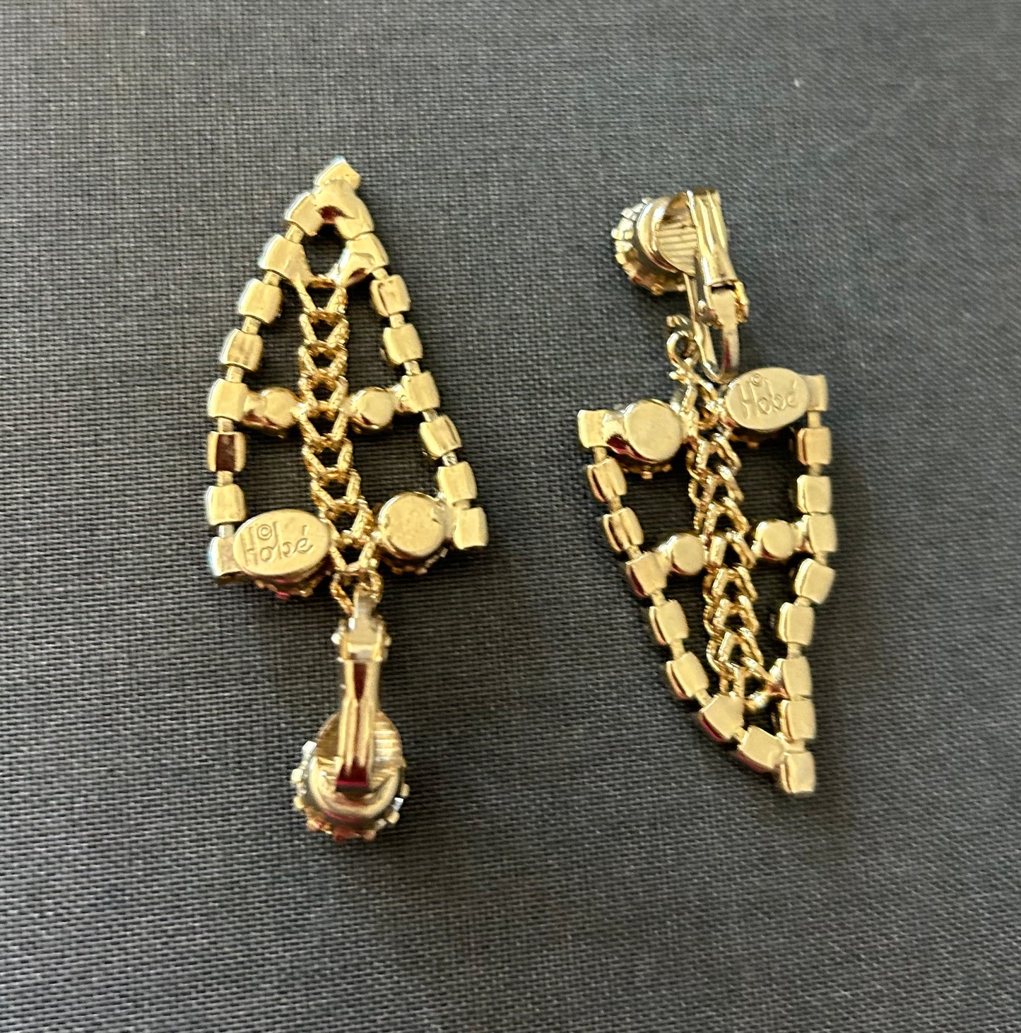 Vintage Signed Hobe’ Rhinestone Earrings. Goldtone