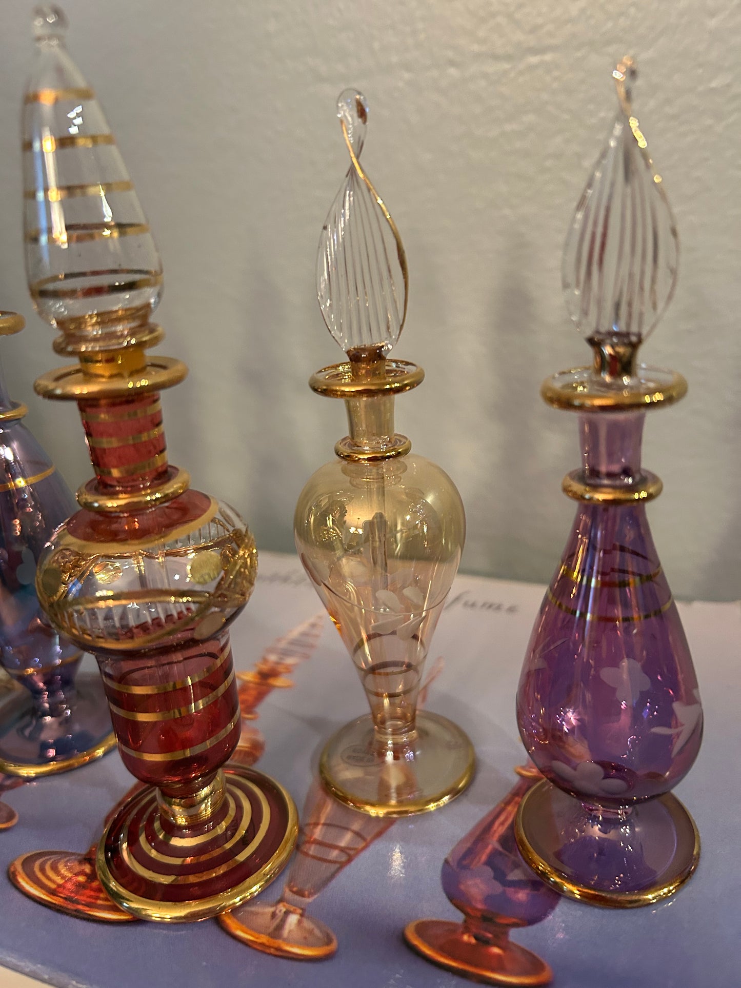 Vintage Set of Five Egyptian Perfume Bottles 24K Gold Plated Mouth Blown New