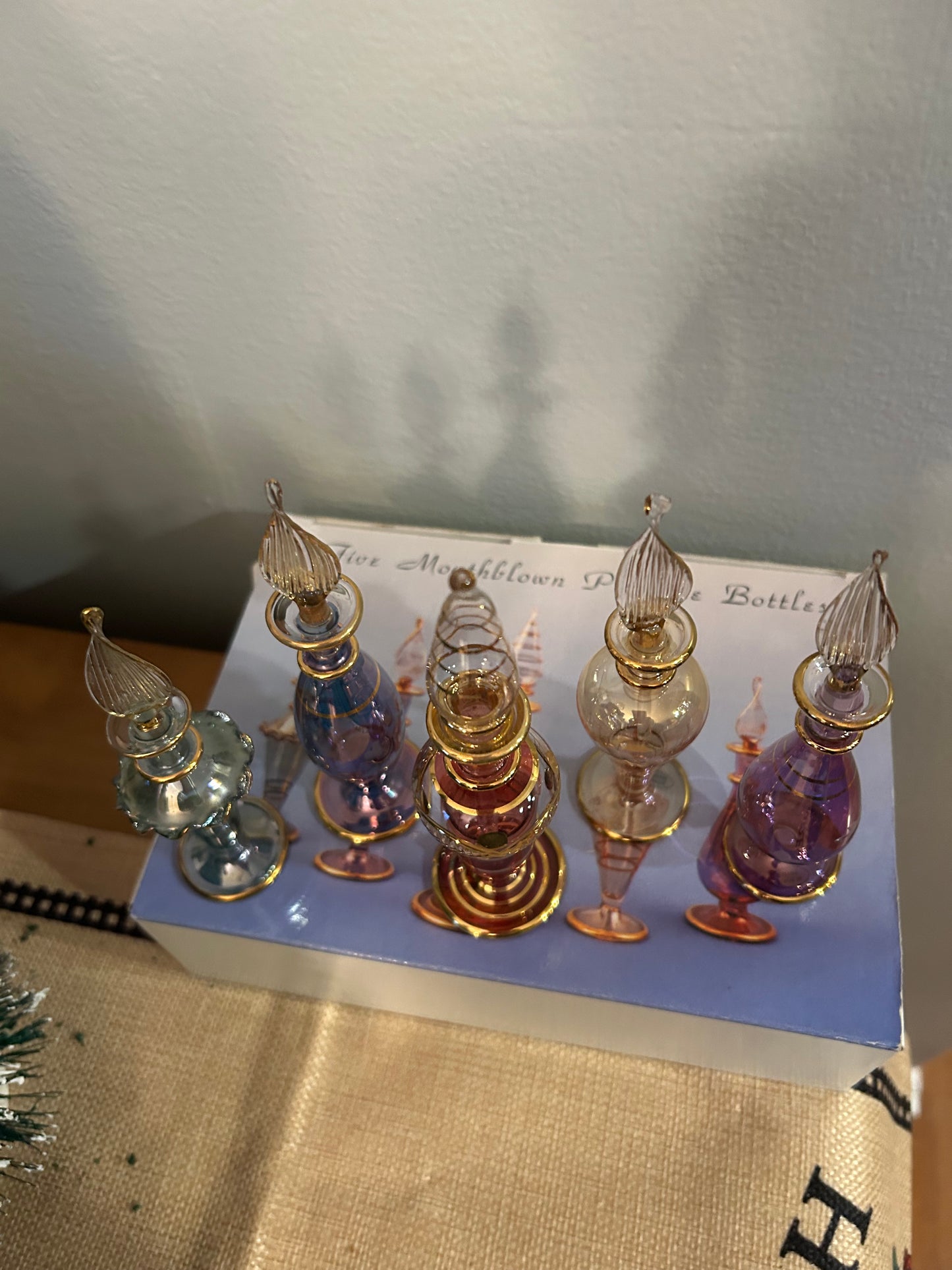 Vintage Set of Five Egyptian Perfume Bottles 24K Gold Plated Mouth Blown New