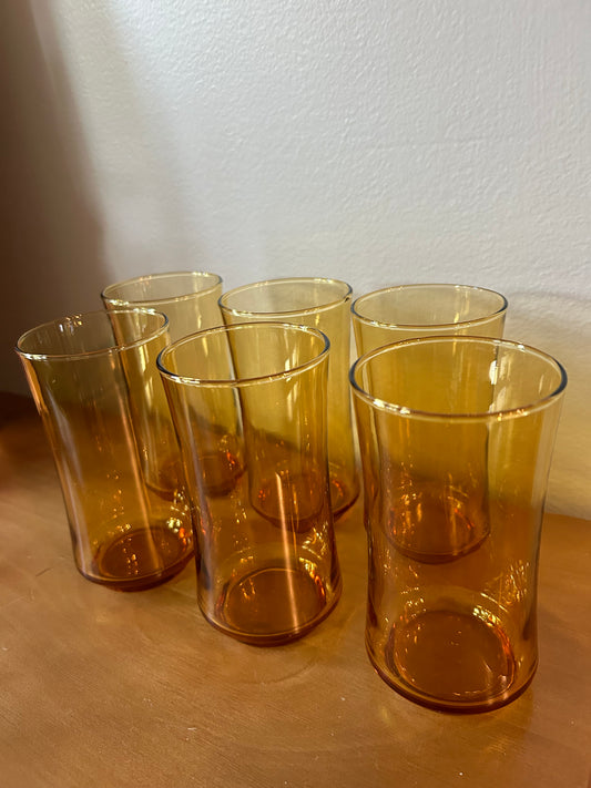 Vintage 70s Libbey Amber 12oz Glasses Set of 6 Retro Curve