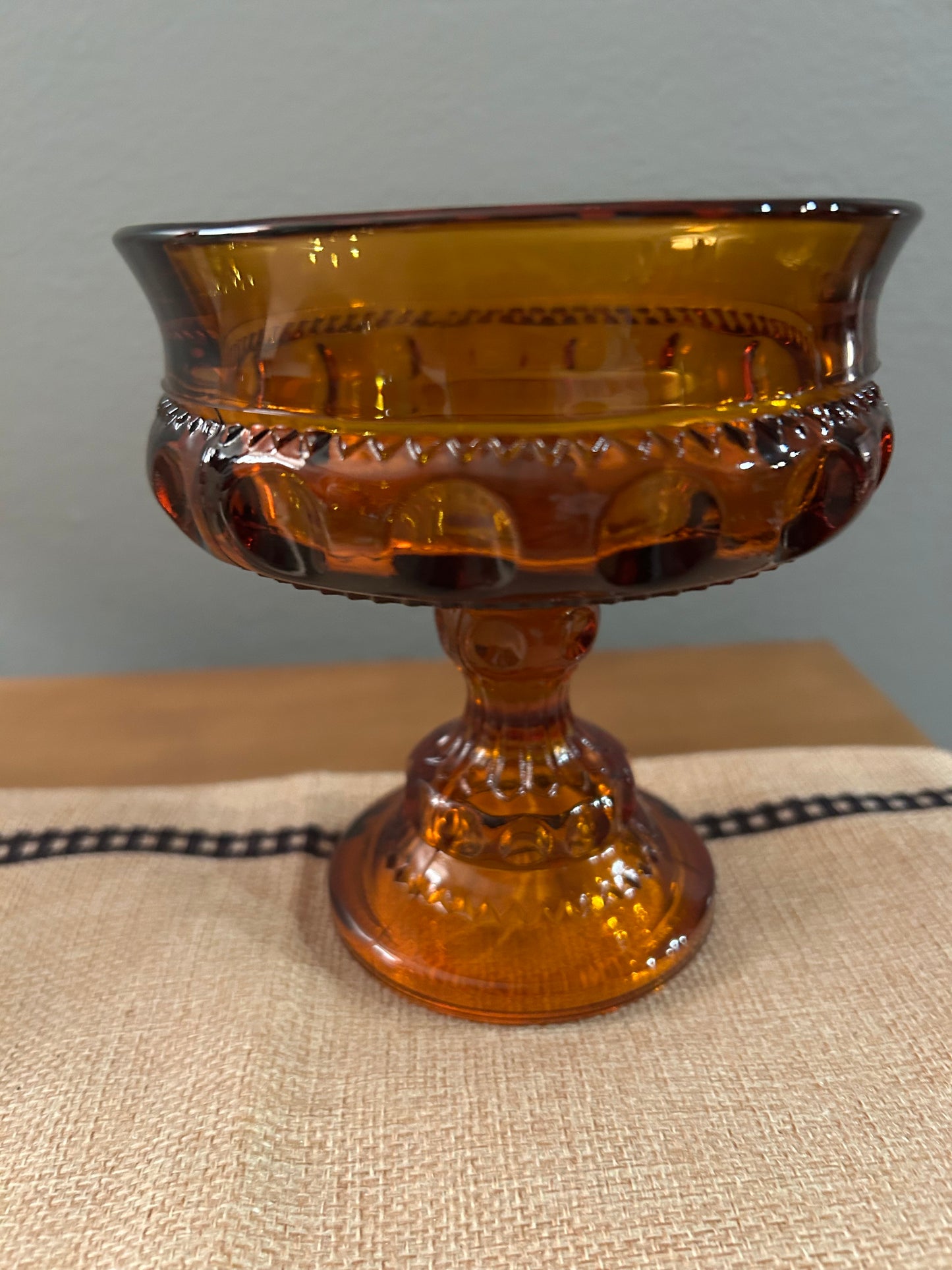 VTG Indiana Amber Glass Thumbprint Kings Crown Compote Candy Dish Bowl