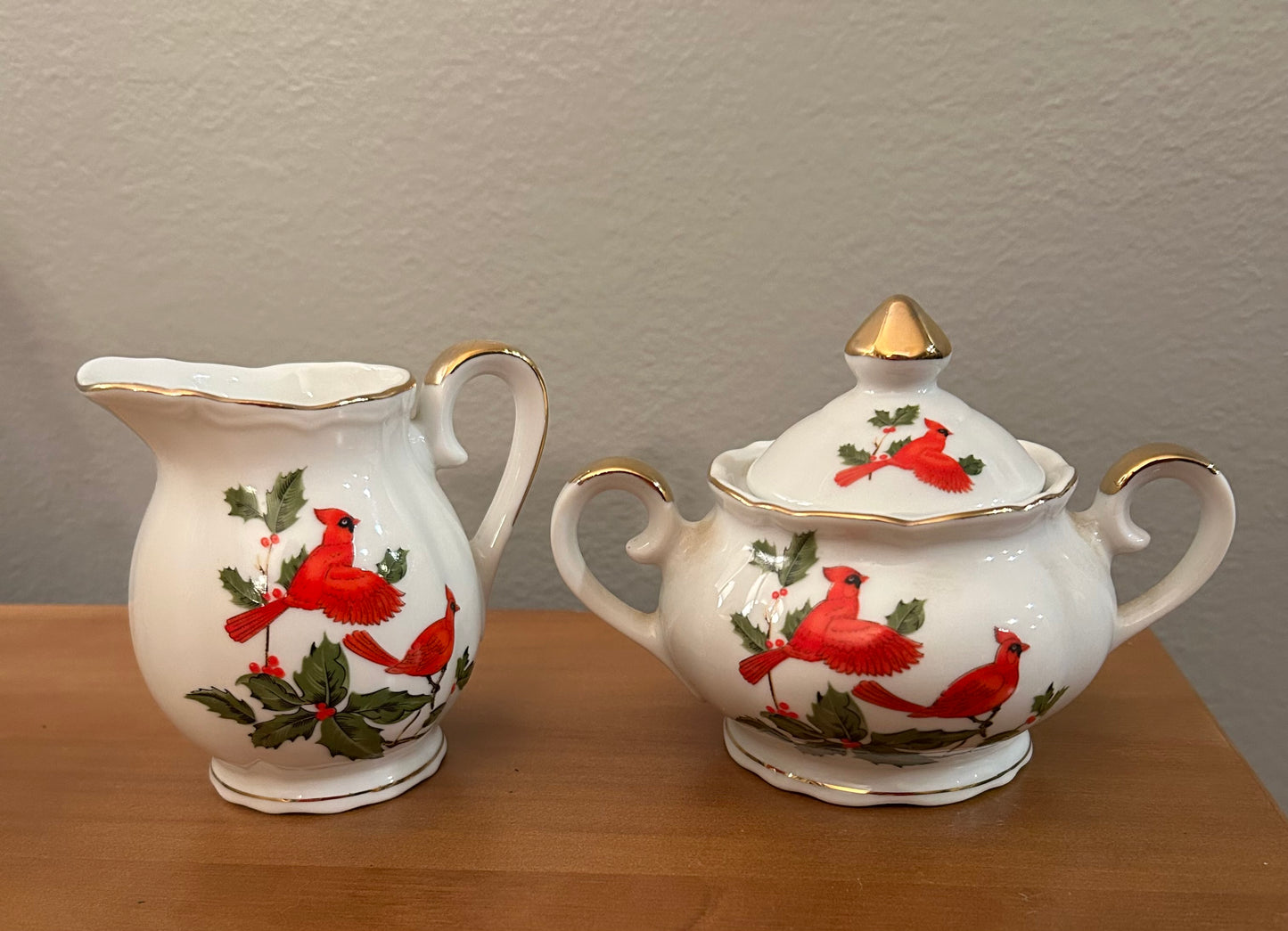 VTG Lefton Red Cardinal Holly Sugar Creamer Christmas Set Japan Bone China