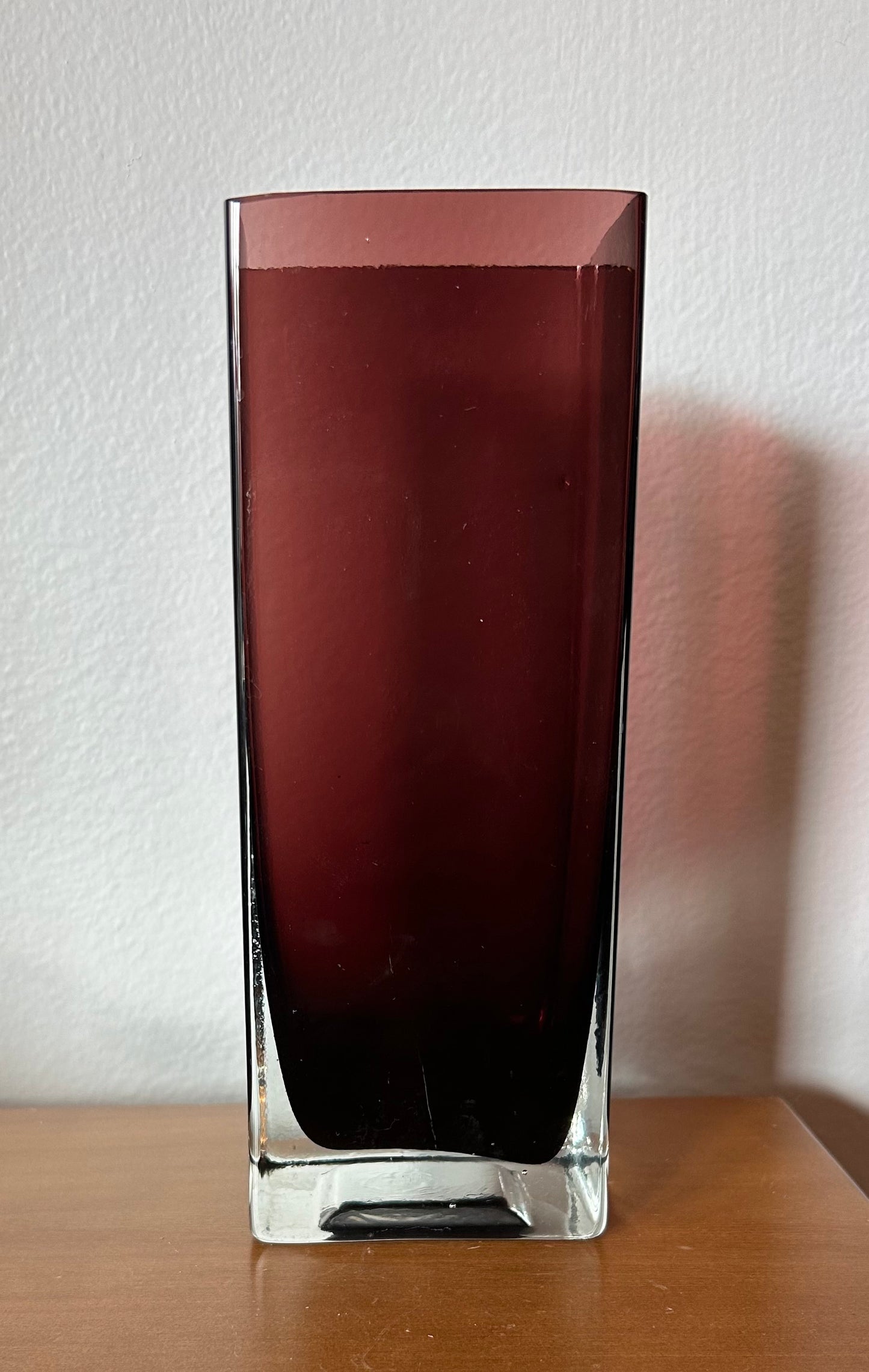 Cut Glass Vase Vintage Mid Century Square Clear Dark Purple 7.75 Inches Tall