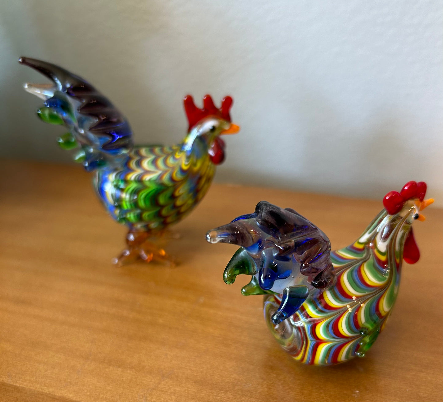 2 Fitz And Floyd Glass Menagerie Rooster Chicken Hand Blown Glass Art